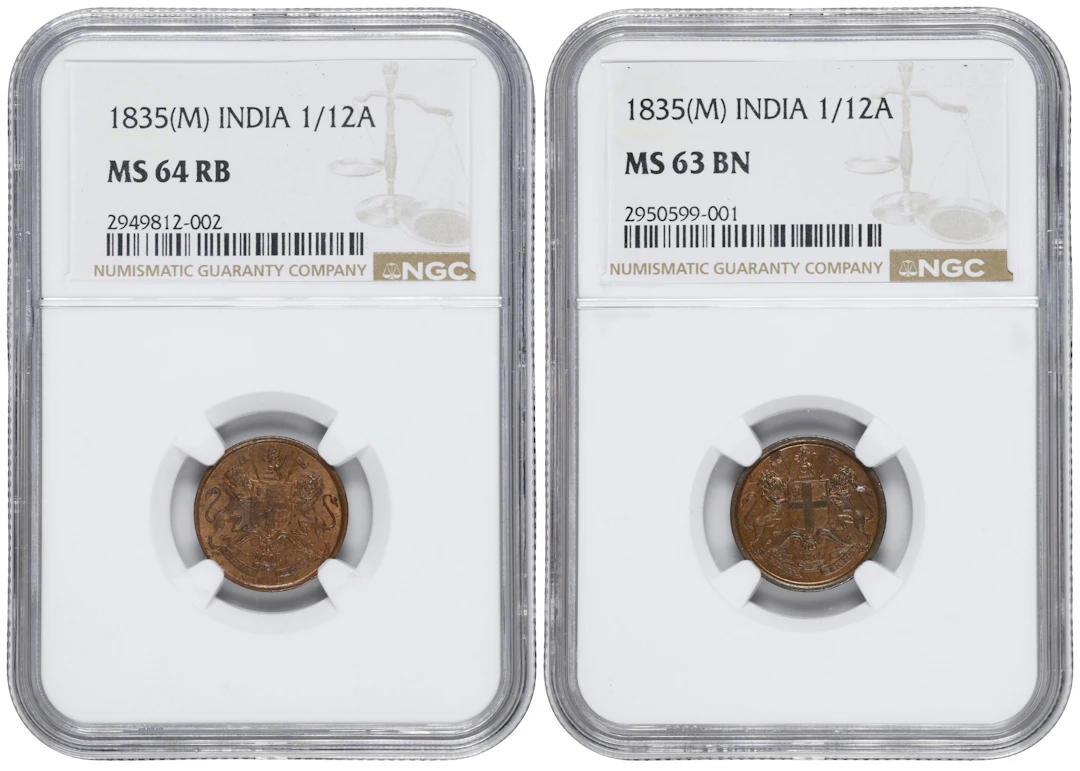 INDIA. British East India Company. Duo of 1/12 Annas (2 Pieces), 1835-(M).