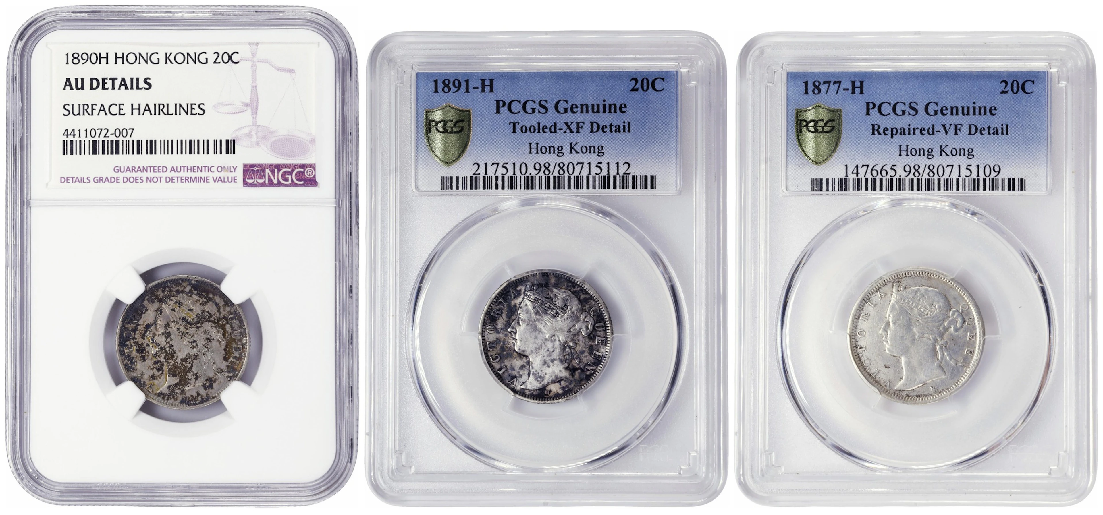 (t) HONG KONG (SAR). Trio of 20 Cents (3 Pieces), 1877-1891. Birmingham
