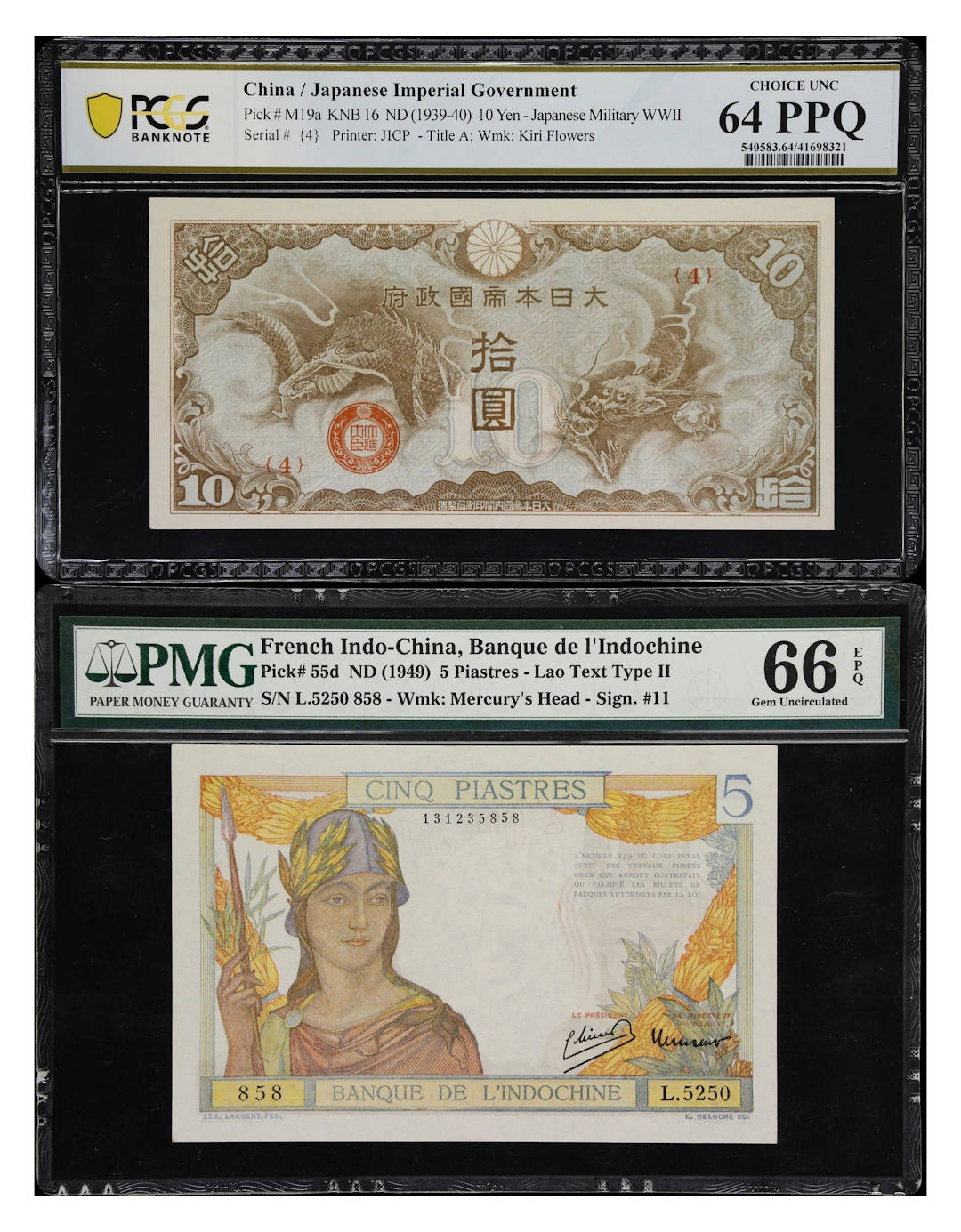 FRENCH INDO-CHINA. Lot of (2). Banque de l'Indochine & Japanese Imperial