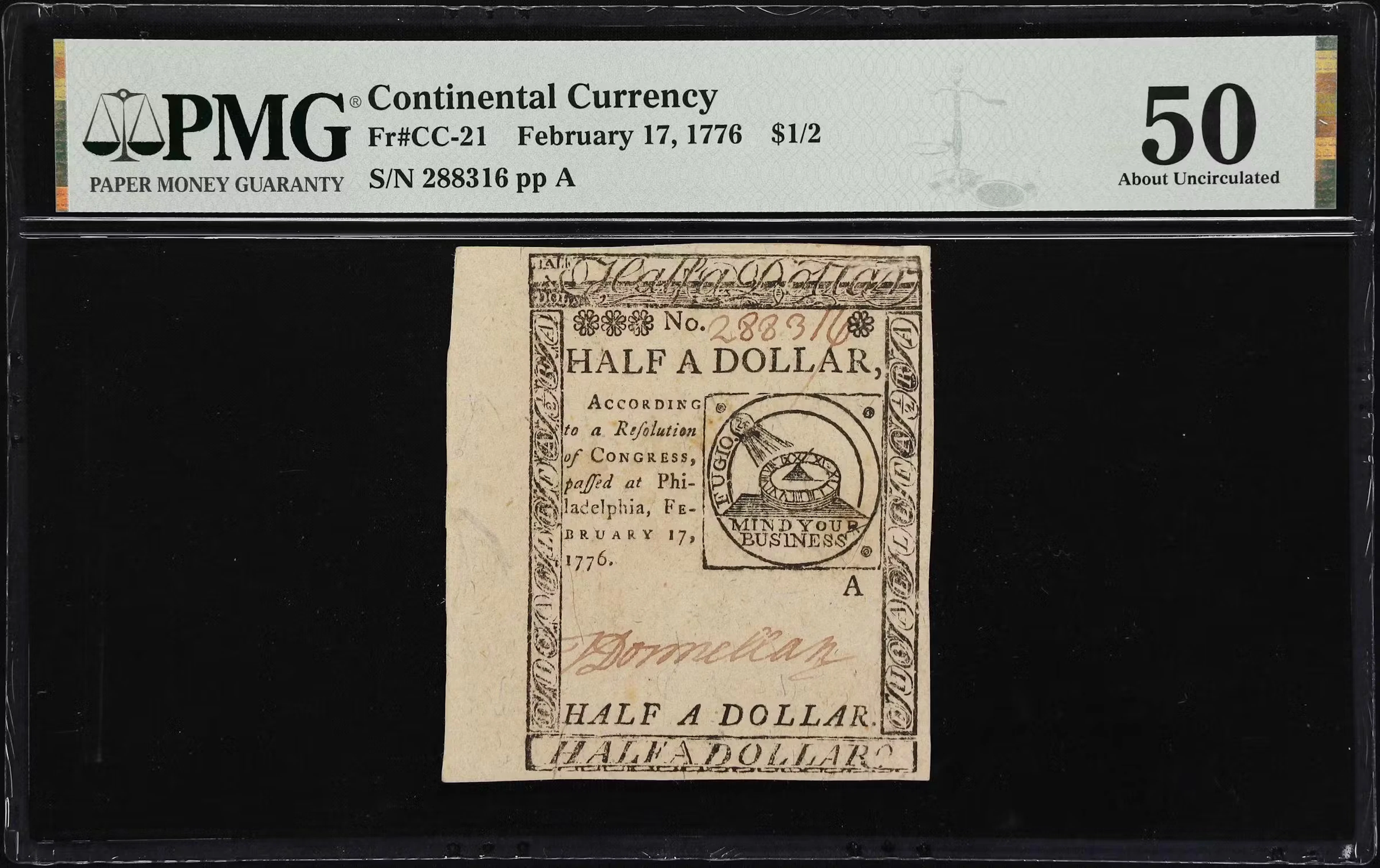 CC-21. Continental Currency. February 17, 1776. $1/2. PMG About Uncirculated