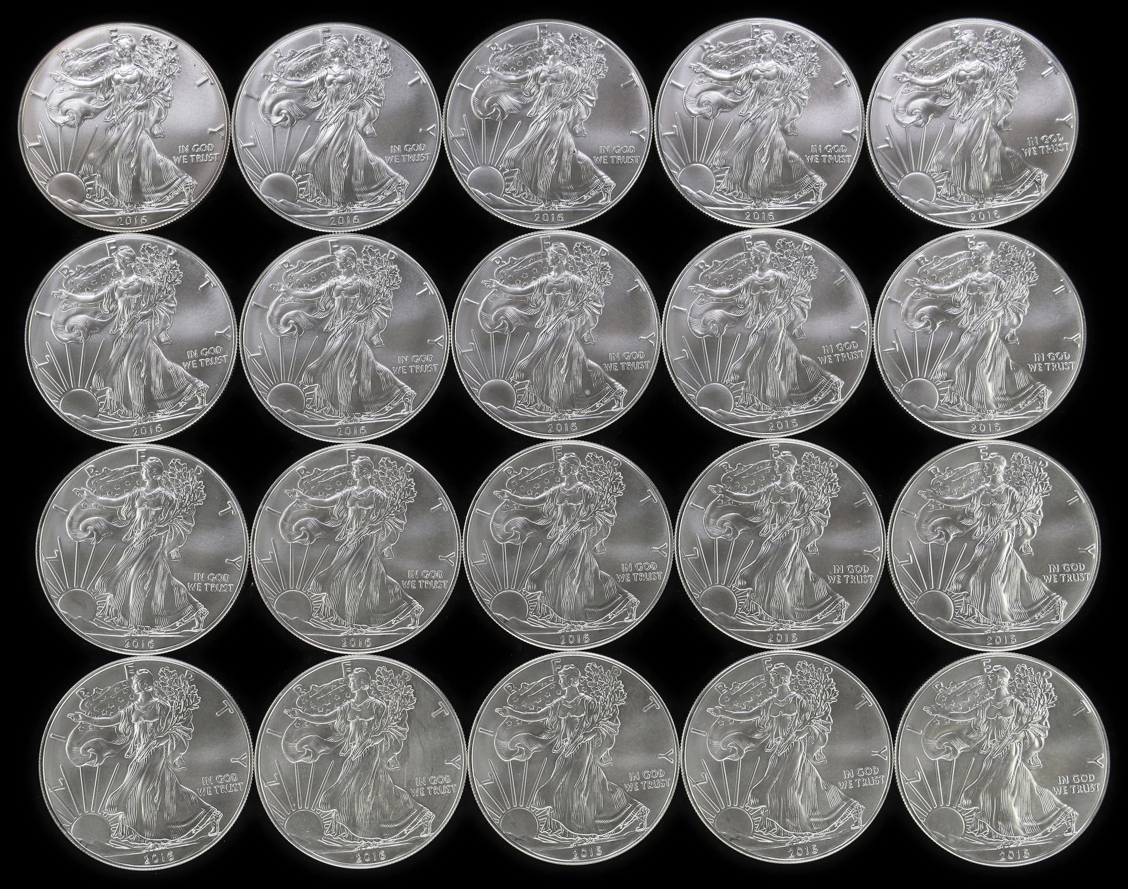 (20 oz, 622.08 g ASW). Lot of (20) 2016 American Silver Eagles.