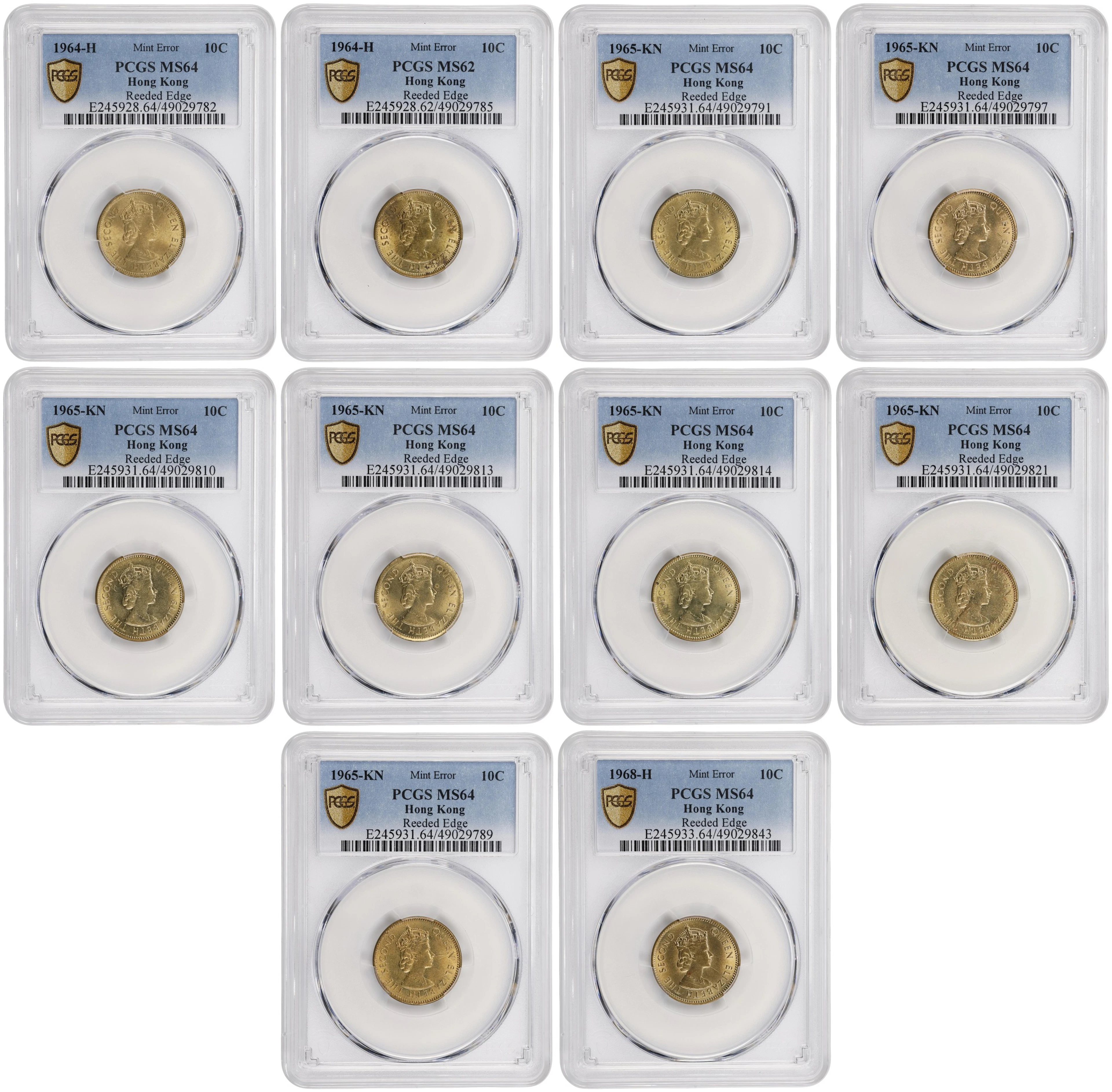 HONG KONG (SAR). Group of Mint Error -- Reeded Edge -- 10 Cents, 1964-68.