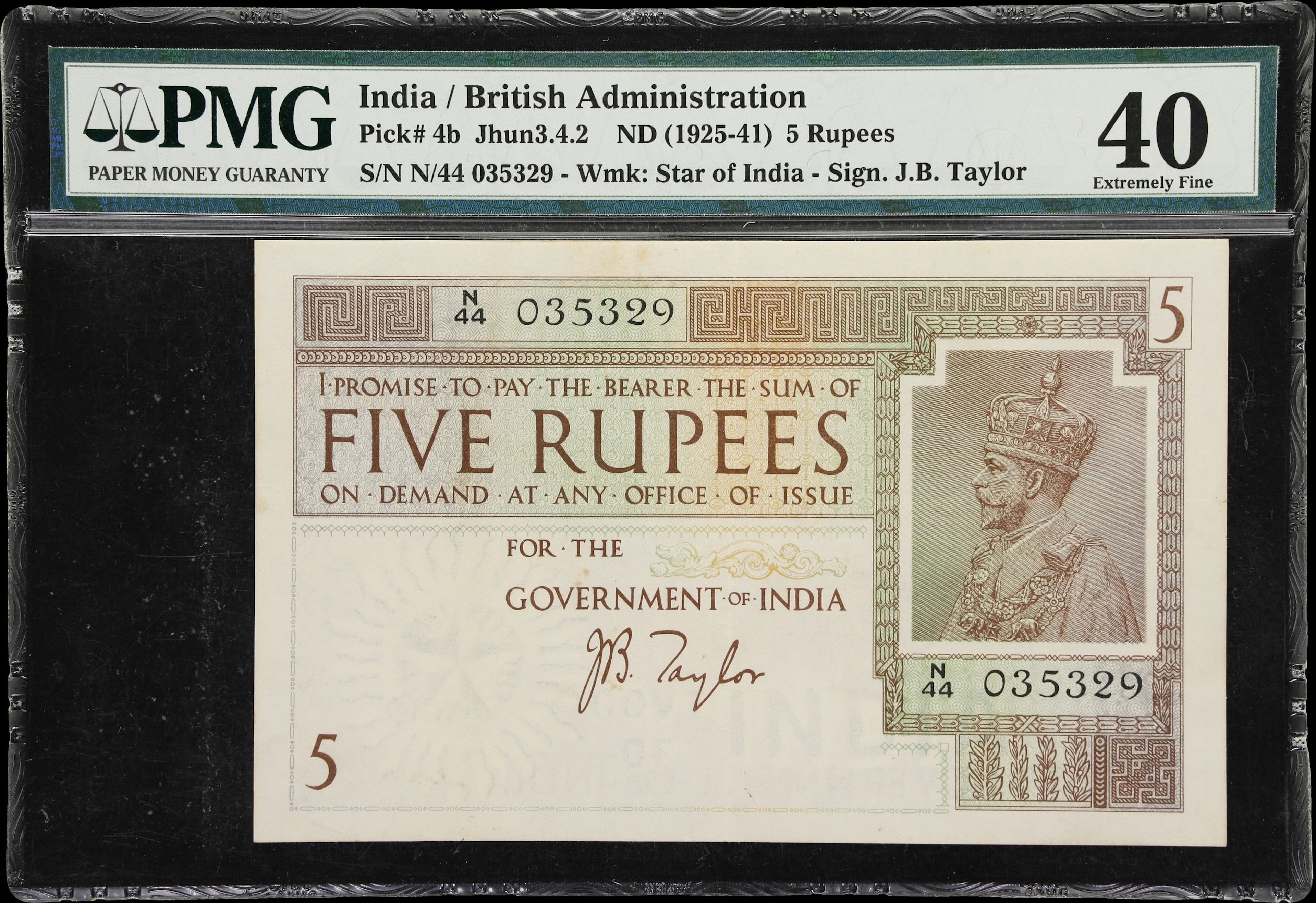 INDIA. Government of India. 5 Rupees, ND (1925-41). P-4b. Jhun&Rez