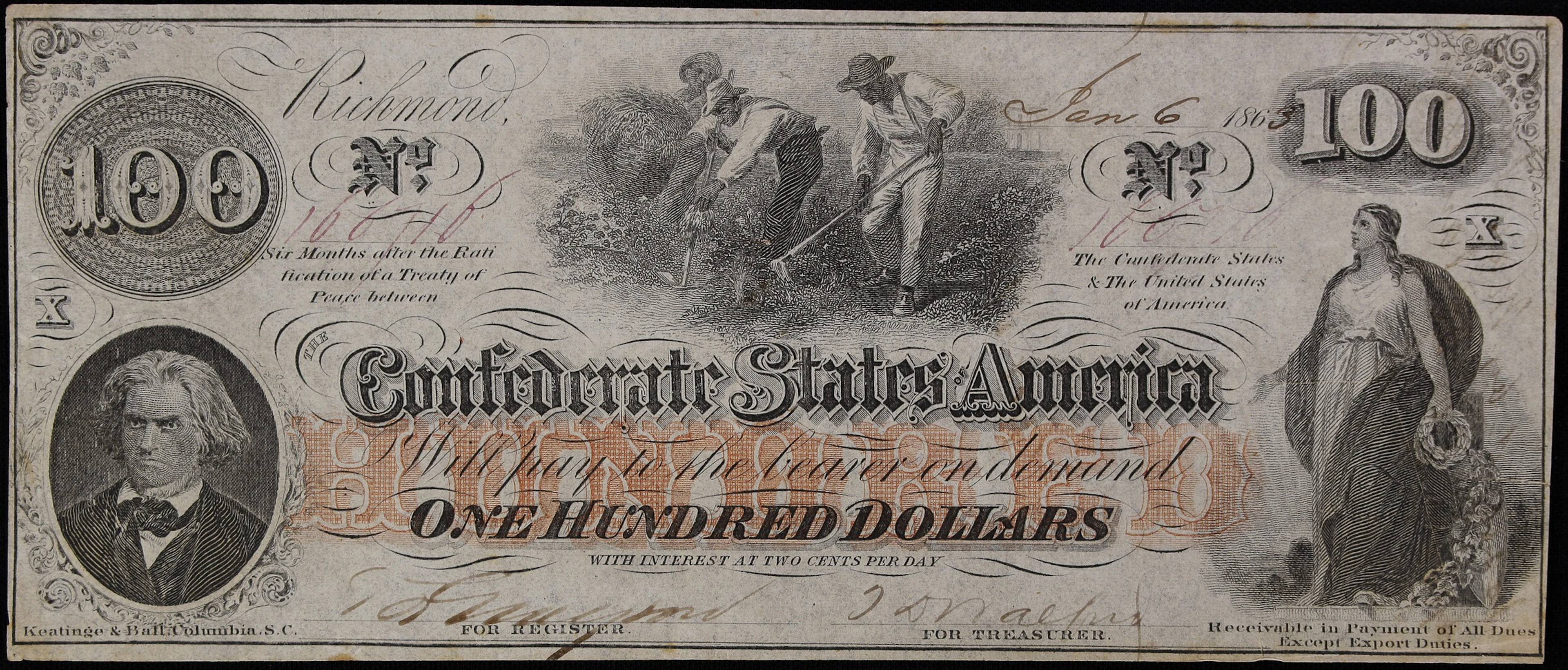 T-41. Confederate Currency. 1863 $100. Extremely Fine. Penned Military