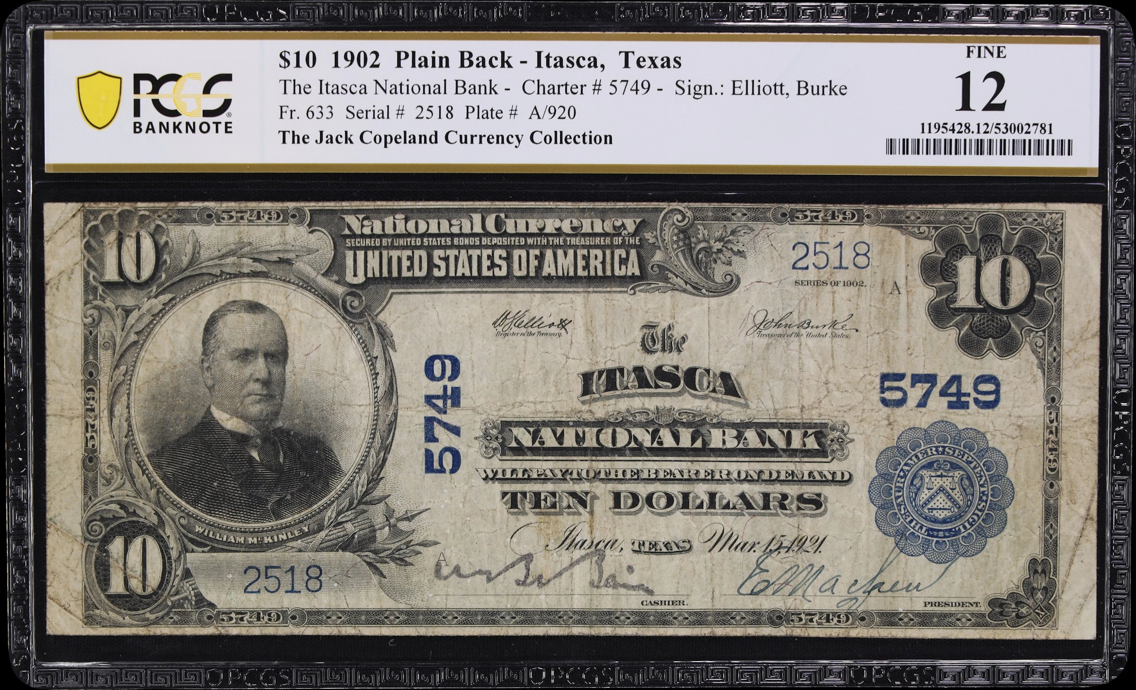 Itasca, Texas. $10 1902 Plain Back. Fr. 633. Itasca NB. Charter #5749.