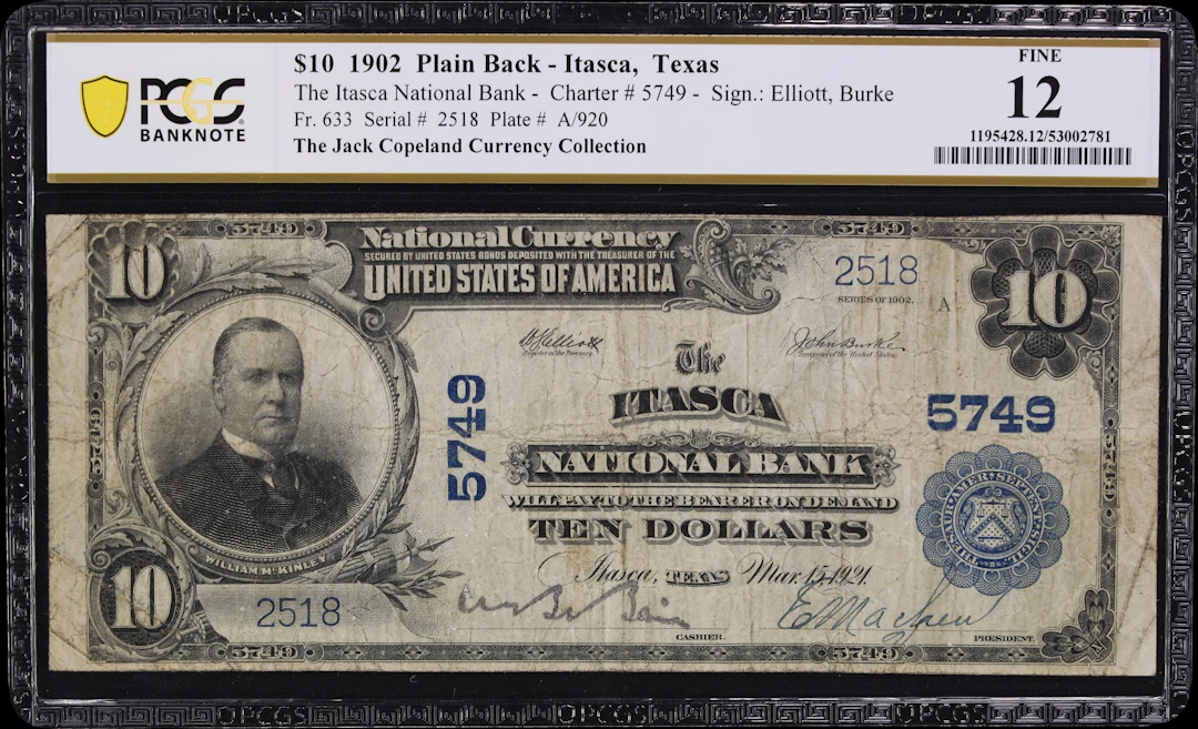Itasca, Texas. $10 1902 Plain Back. Fr. 633. Itasca NB. Charter #5749.