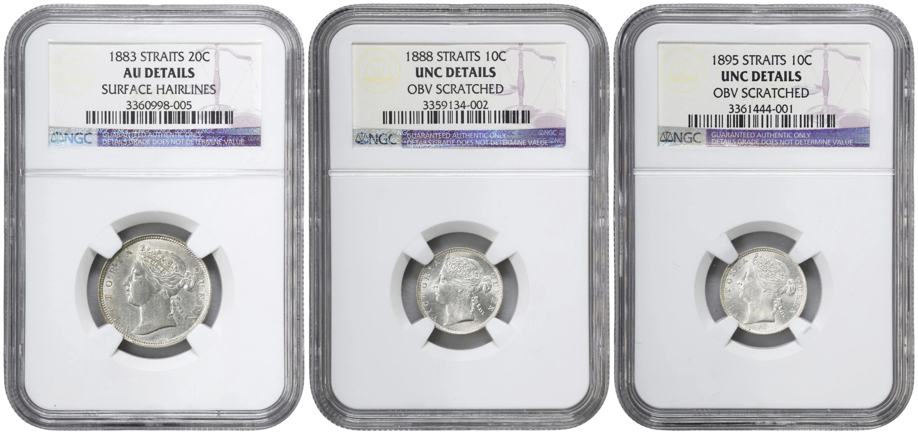 STRAITS SETTLEMENTS. Trio of Minor Denominations (3 Pieces), 1883-95.