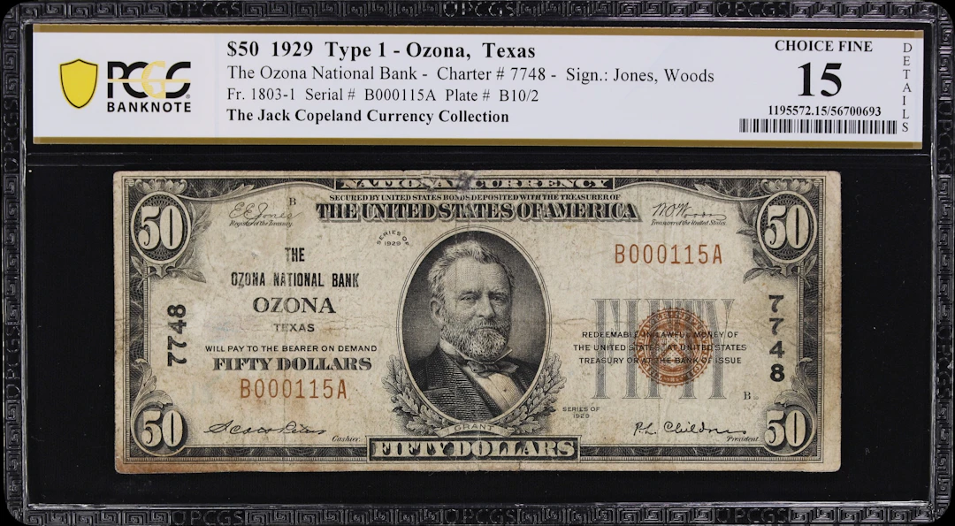 Ozona, Texas. $50 1929 Ty. 1. Fr. 1803-1. Ozona NB. Charter #7748.