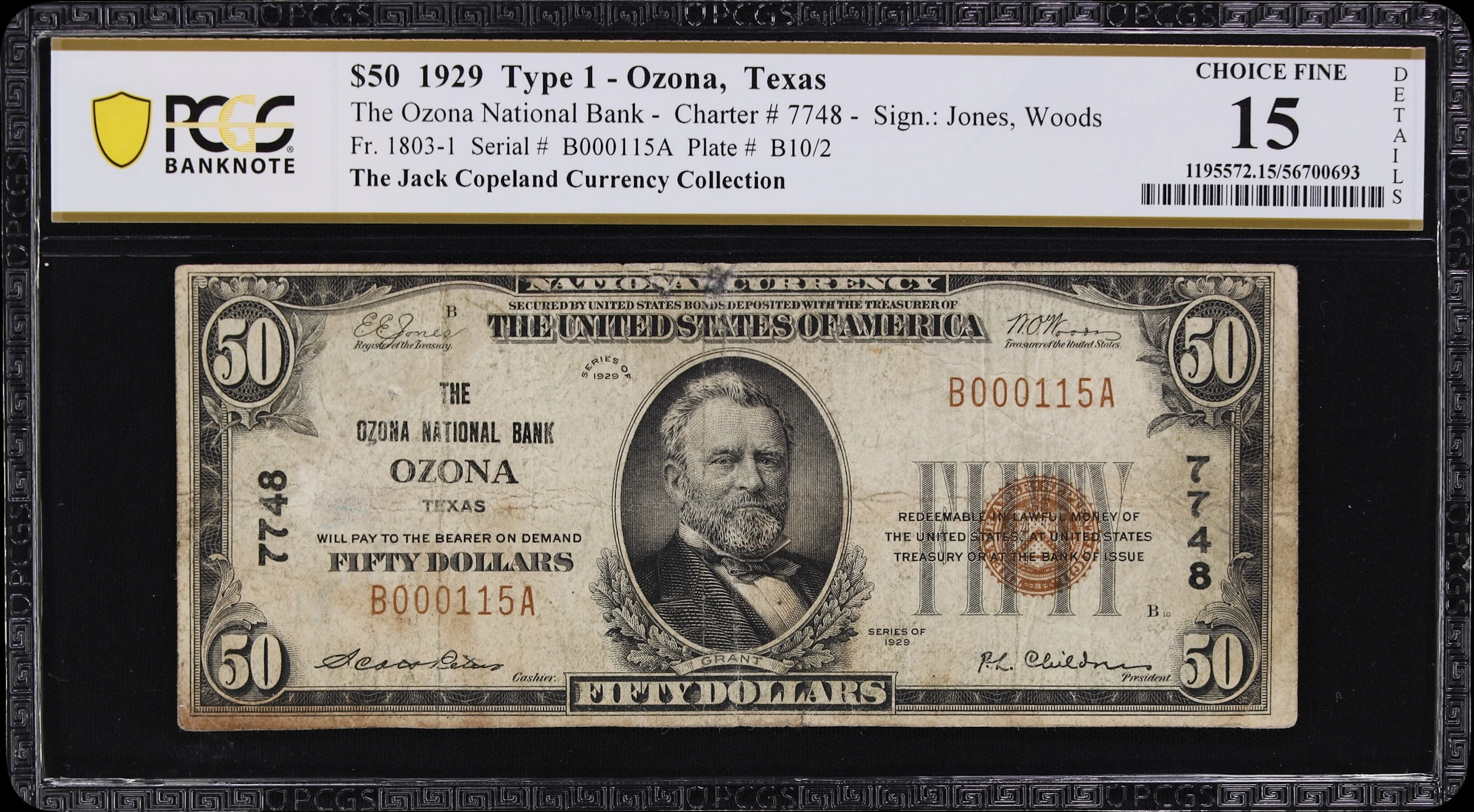 Ozona, Texas. $50 1929 Ty. 1. Fr. 1803-1. Ozona NB. Charter #7748.