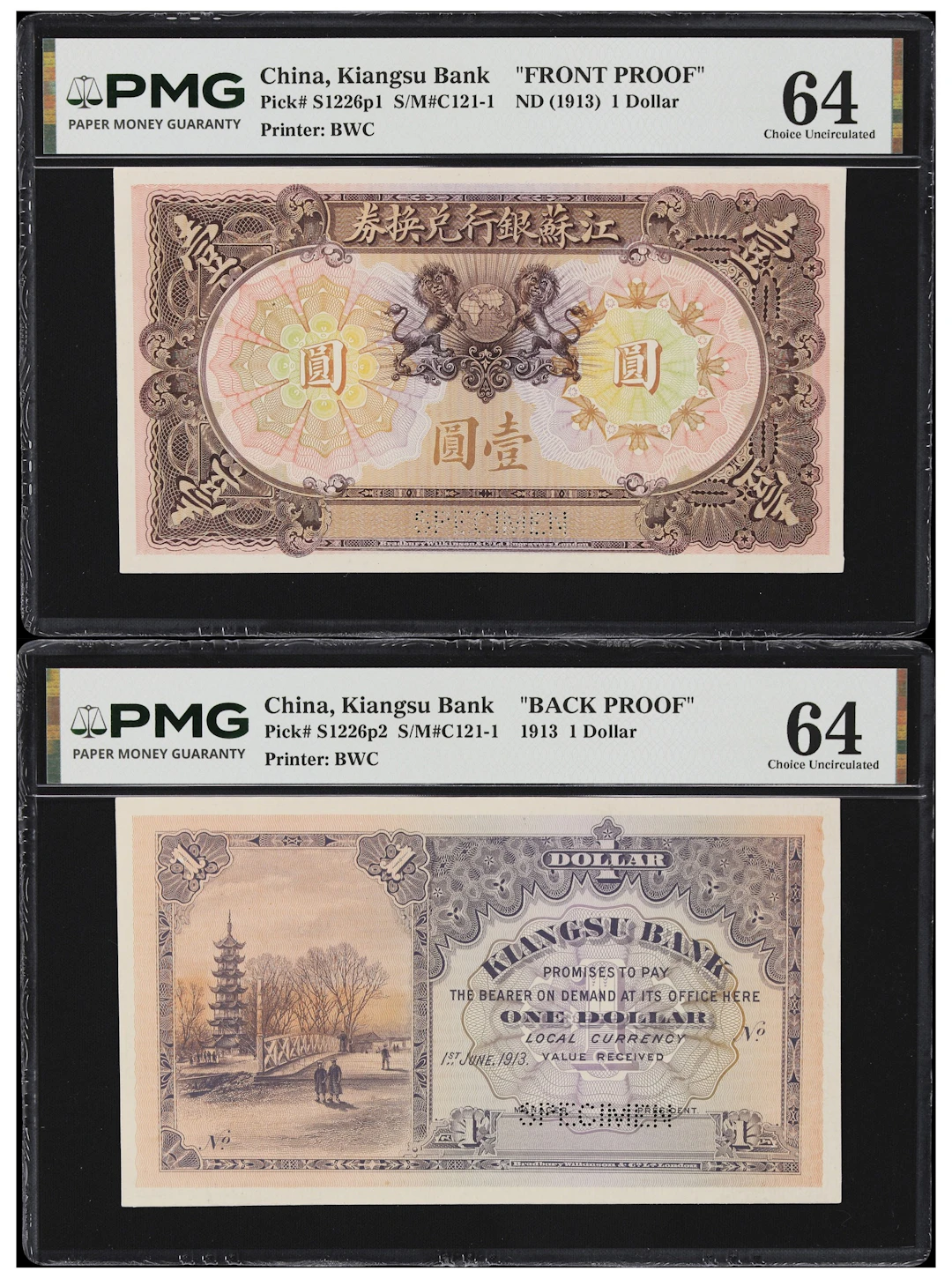 CHINA--PROVINCIAL BANKS. Lot of (2). Kiangsu Bank. 1 Dollar, 1913