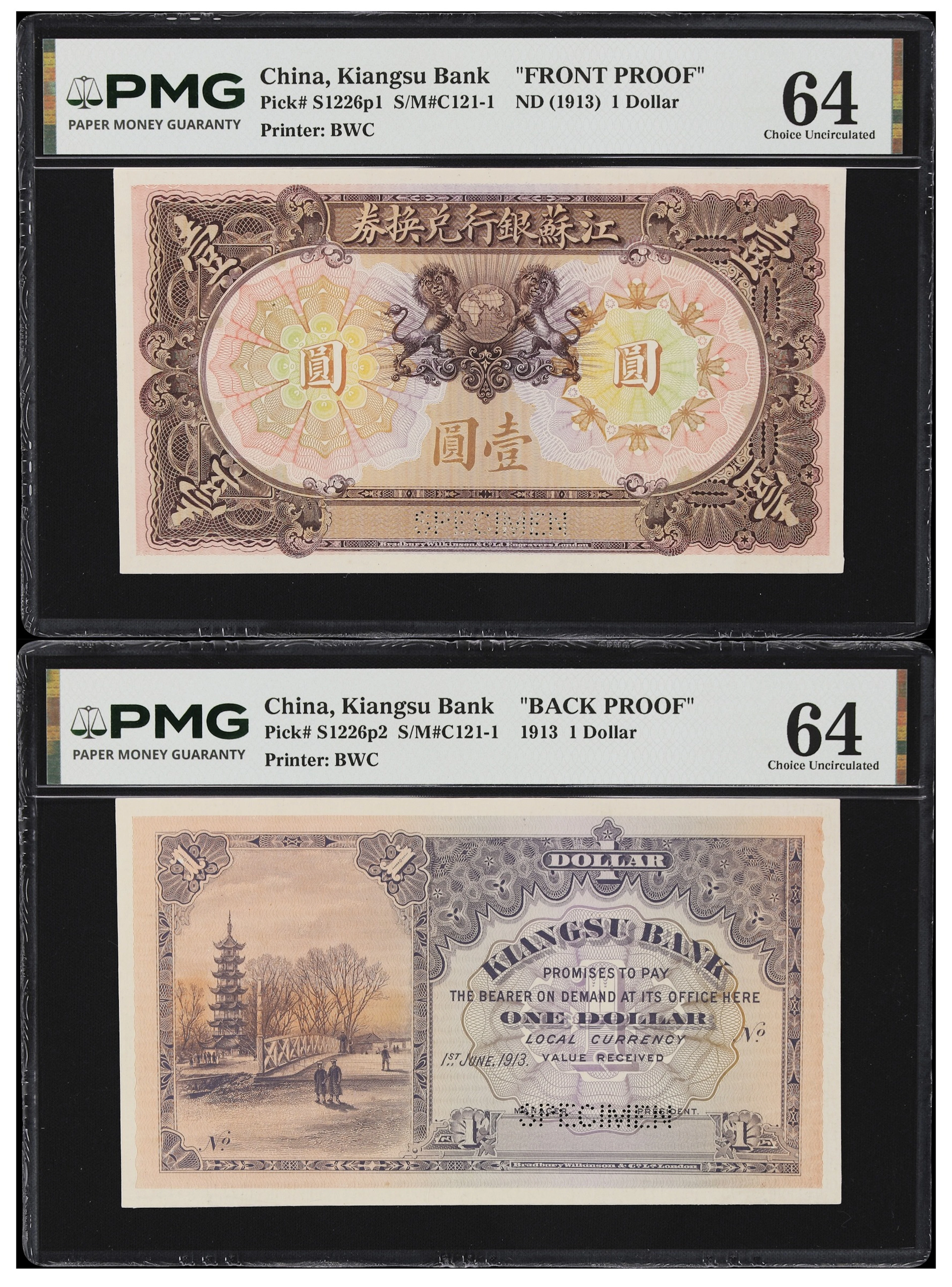 CHINA--PROVINCIAL BANKS. Lot of (2). Kiangsu Bank. 1 Dollar, 1913