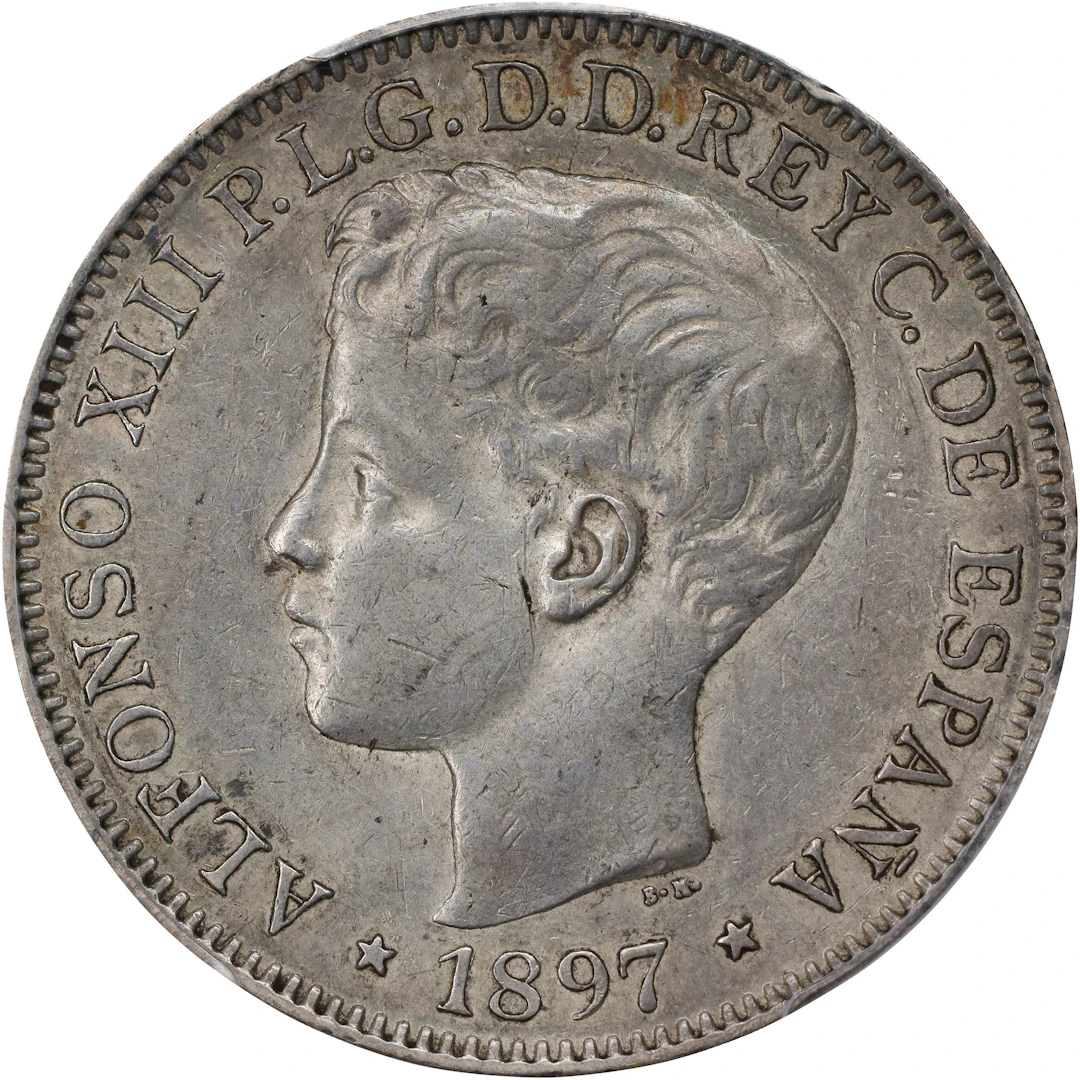 PHILIPPINES. Peso, 1897-SG V. Manila Mint. Alfonso XIII. PCGS AU-50.