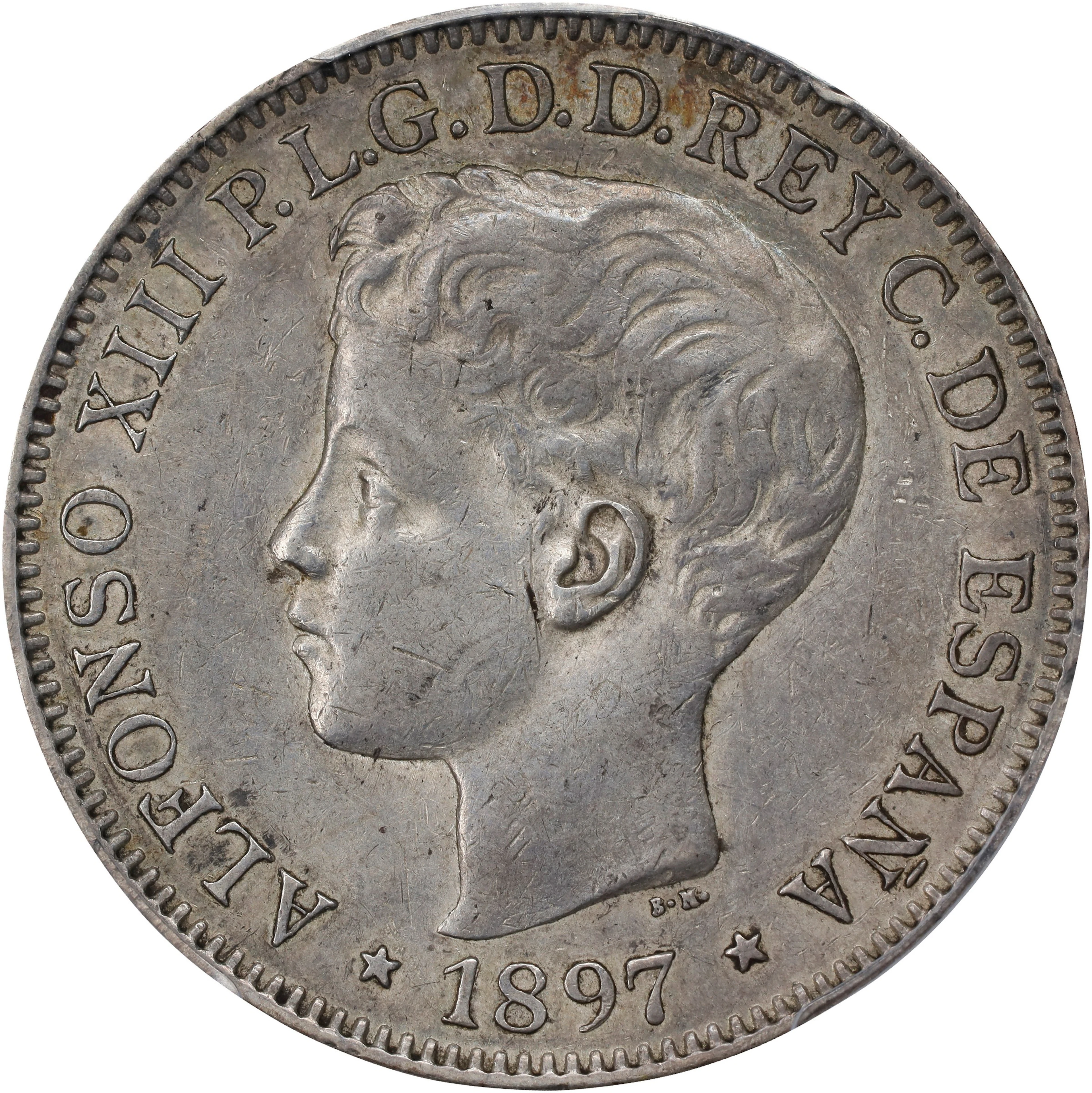 PHILIPPINES. Peso, 1897-SG V. Manila Mint. Alfonso XIII. PCGS AU-50.