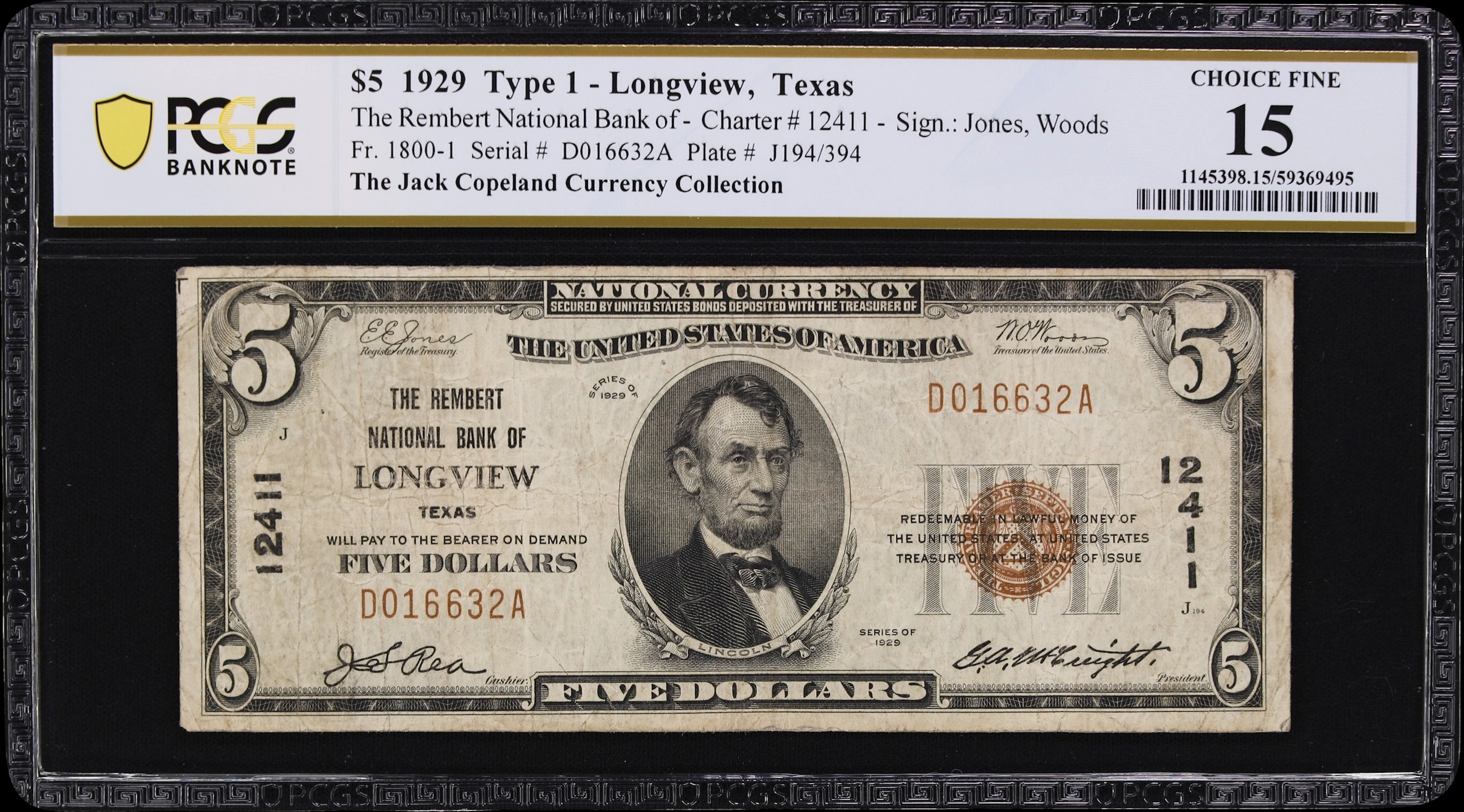 Longview, Texas. $5 1929 Ty. 1. Fr. 1800-1. Rembert NB. Charter #12411.