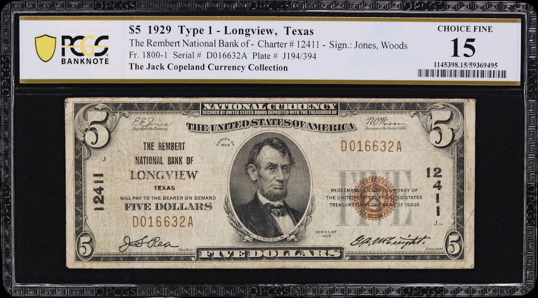 Longview, Texas. $5 1929 Ty. 1. Fr. 1800-1. Rembert NB. Charter #12411.