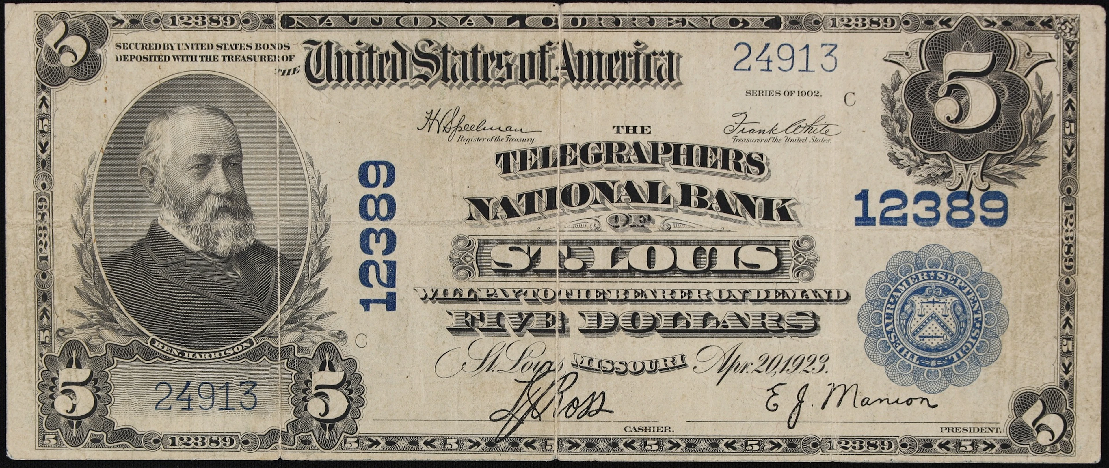 Saint Louis, Missouri. $5 1902 Plain Back. Fr. 609. The Telegraphers