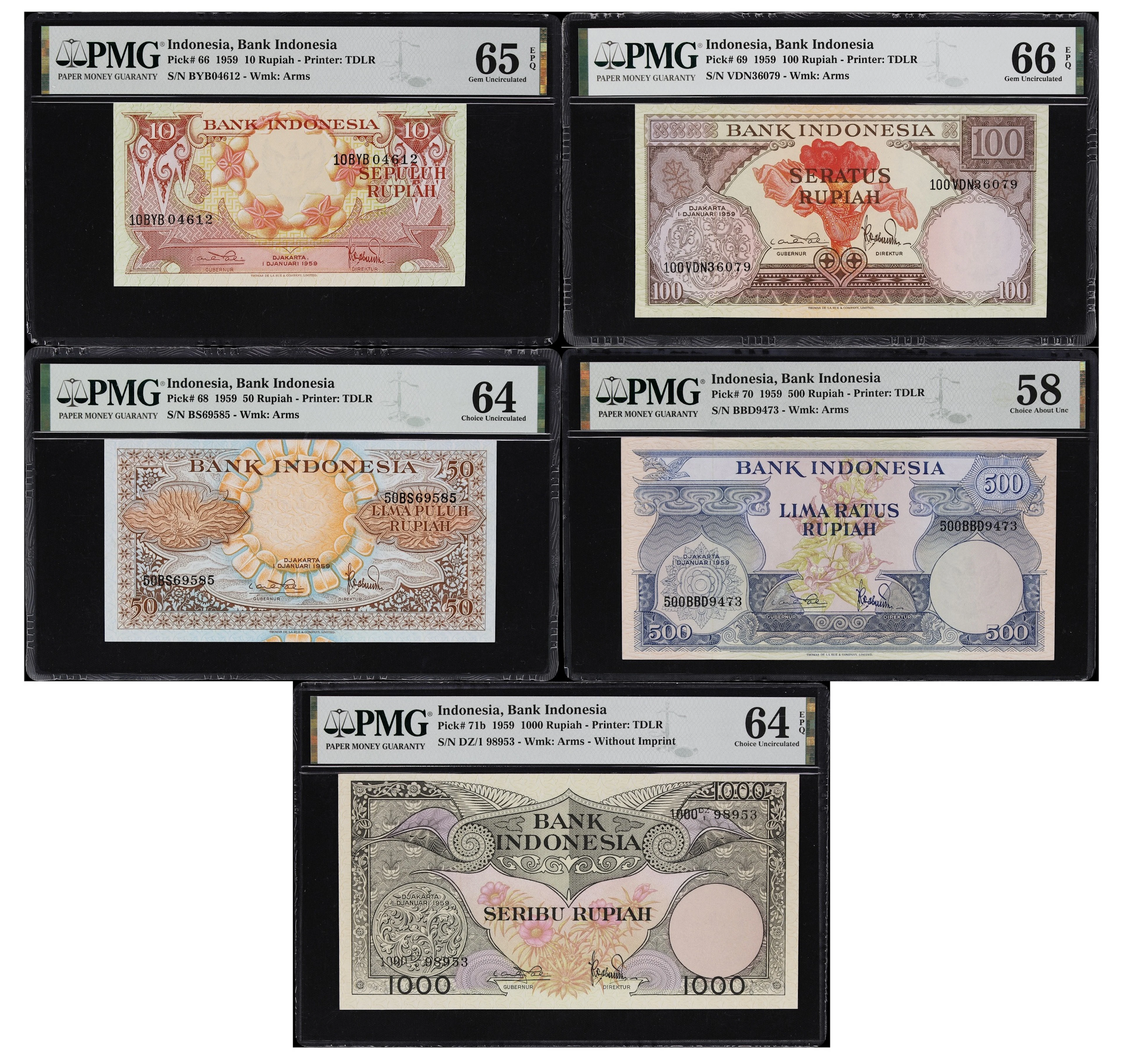 INDONESIA. Lot of (5). Bank Indonesia. 10, 50, 100, 500, & 1000 Rupiah