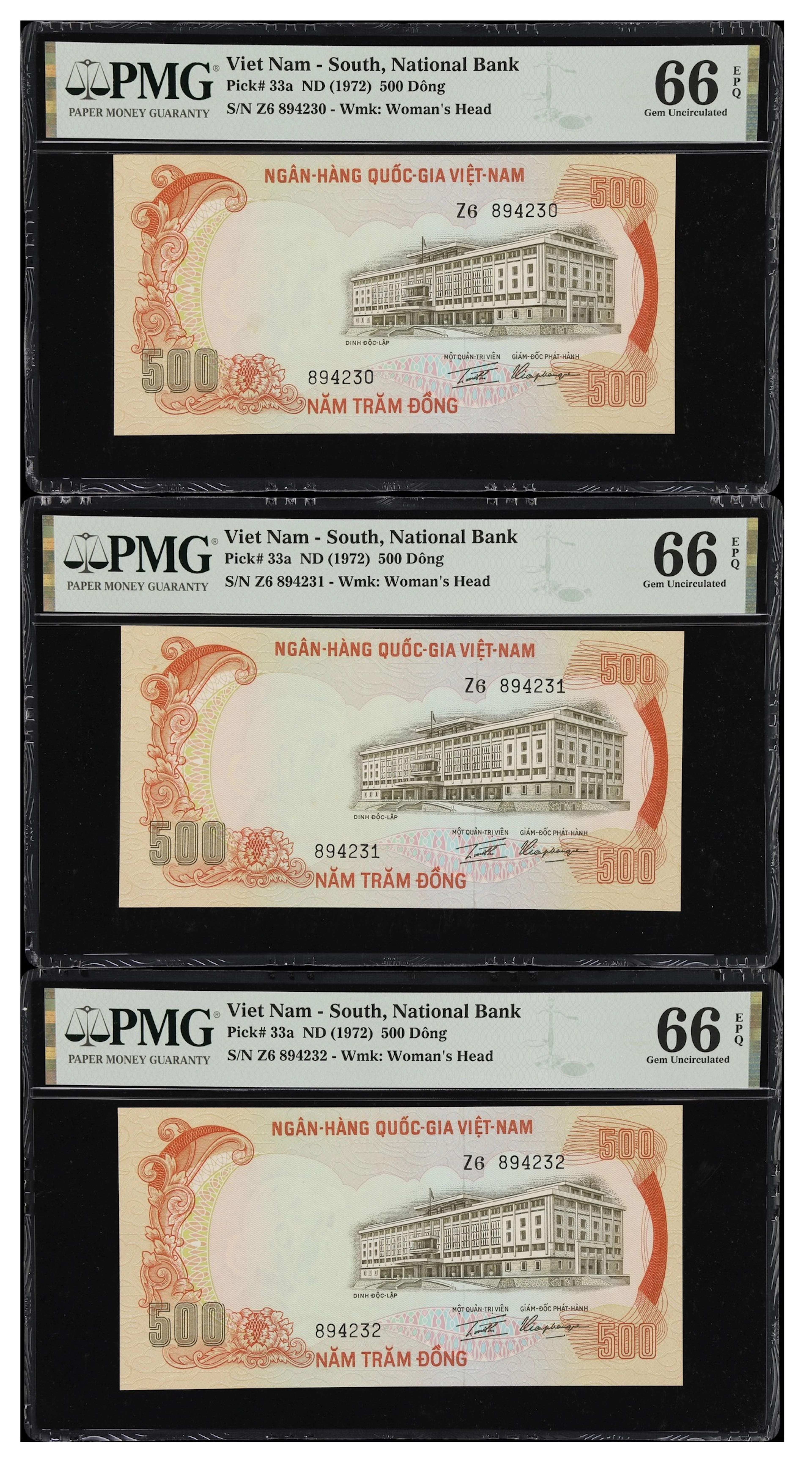 VIETNAM, SOUTH. Lot of (3). National Bank of Vietnam. 500 Dong, ND