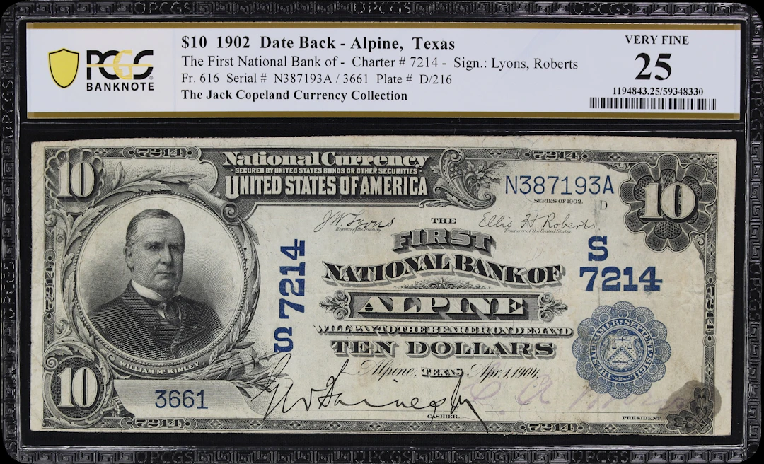 Alpine, Texas. $10 1902 Date Back. Fr. 616. First NB. Charter #7214.