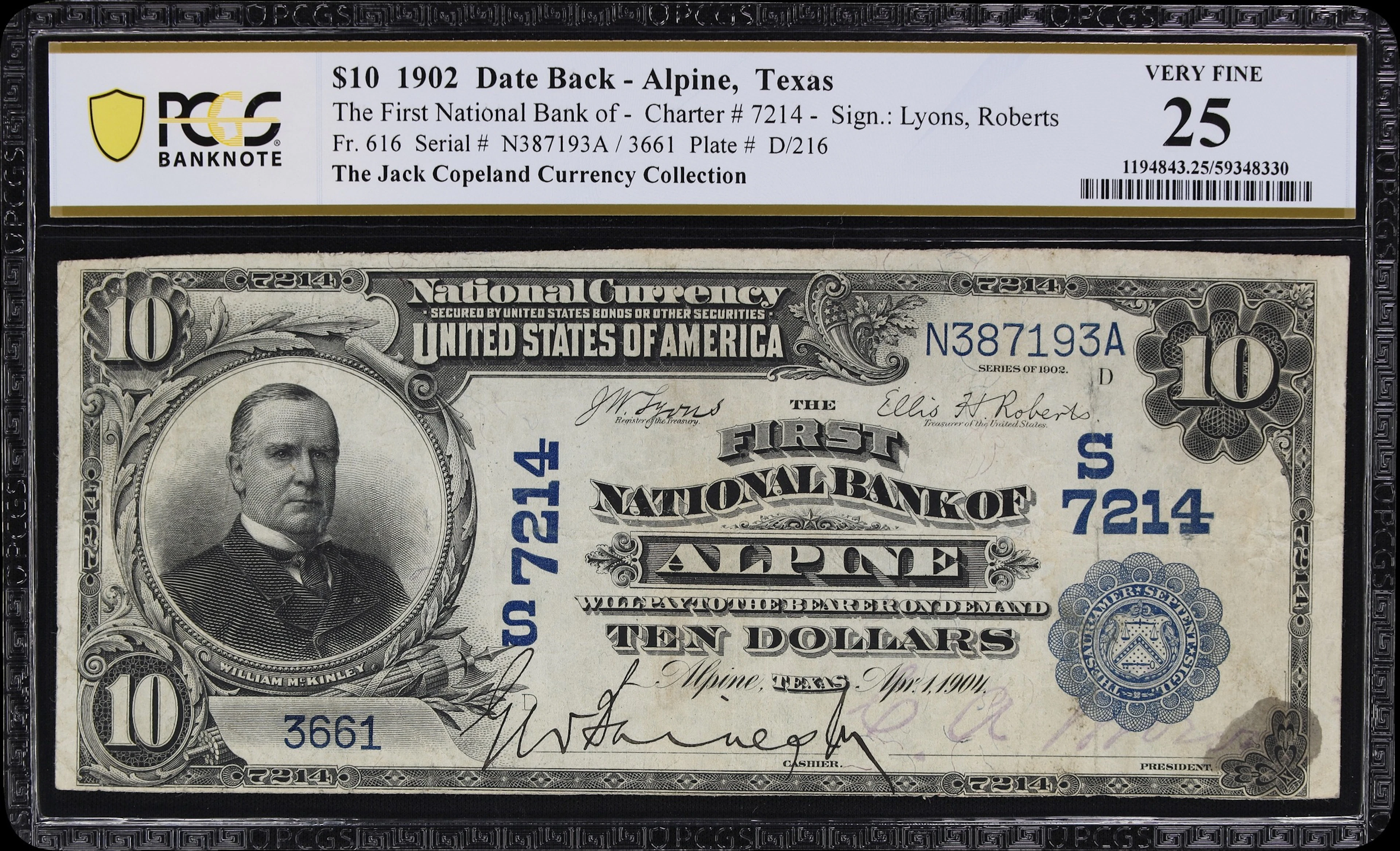 Alpine, Texas. $10 1902 Date Back. Fr. 616. First NB. Charter #7214.