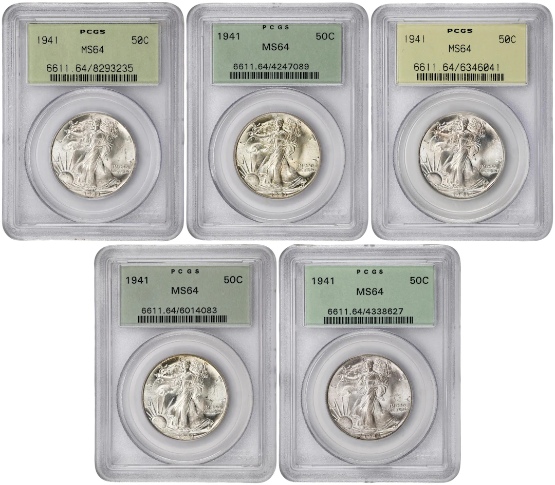 Lot of (5) 1941 Walking Liberty Half Dollars. MS-64 (PCGS). OGH.