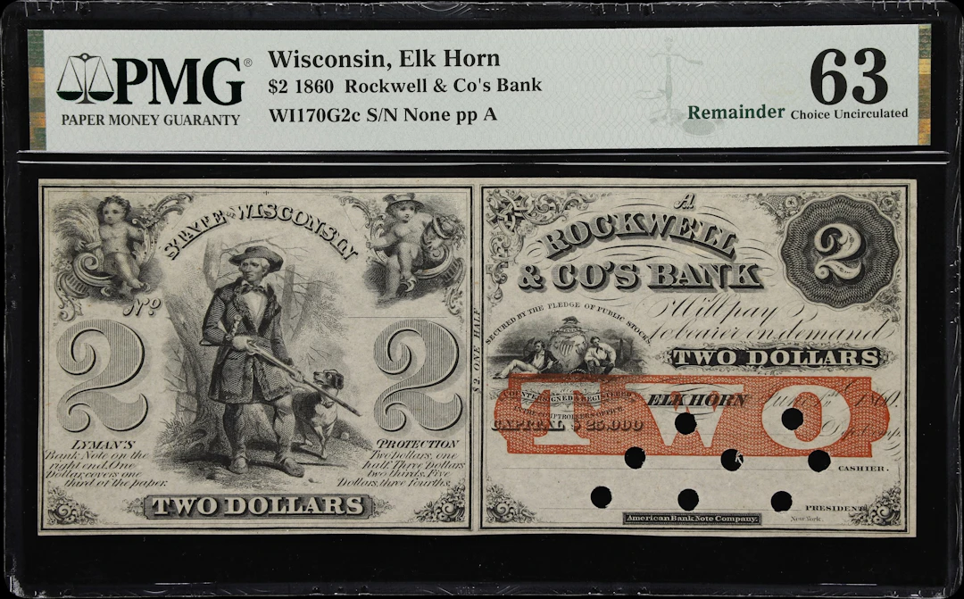 Elk Horn, Wisconsin. Rockwell & Co's Bank. 1860 $2. PMG Choice Uncirculated
