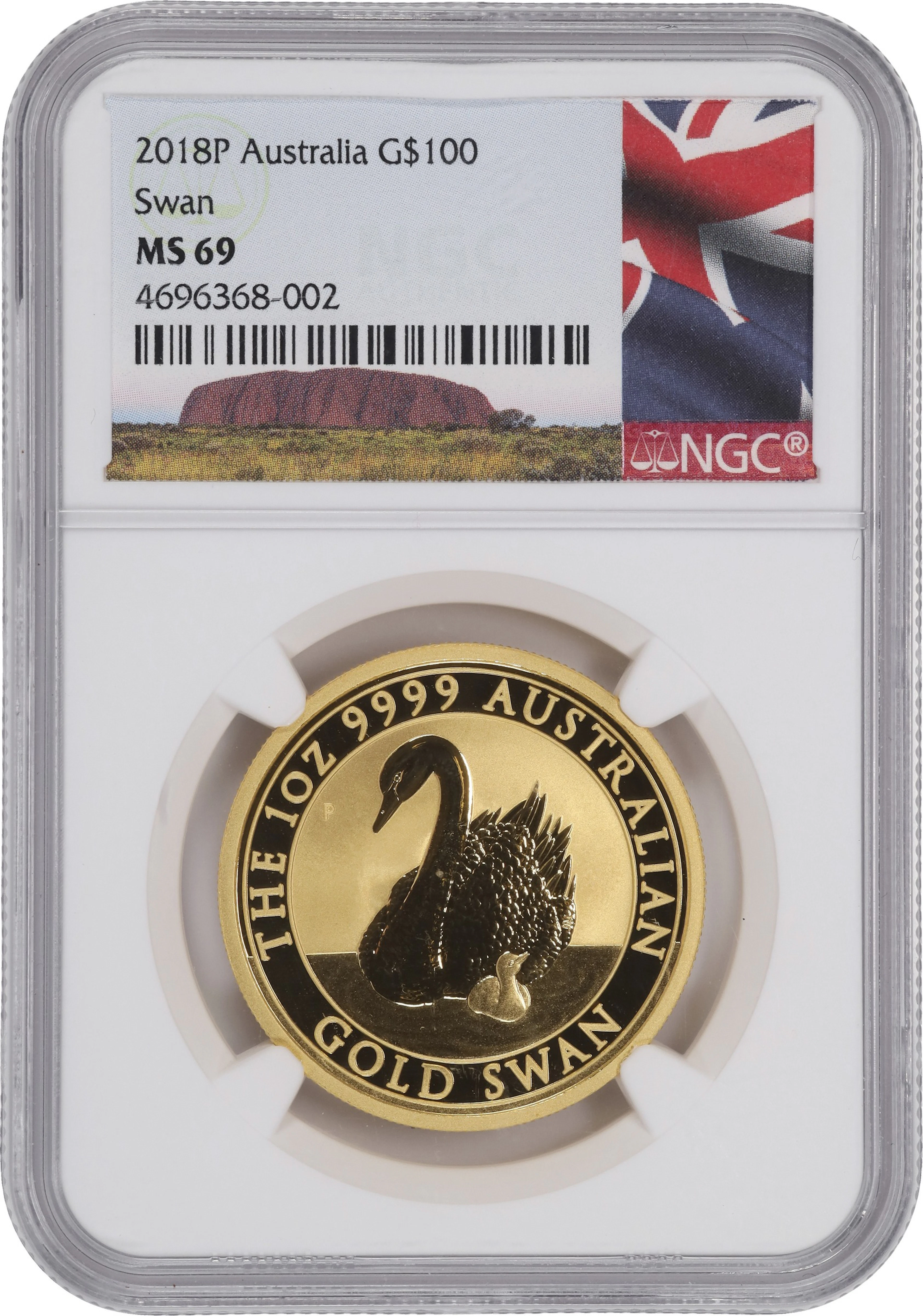 (1 oz, 31.104 g AGW). Australia. 2018-P 1 oz Gold Swan $100. MS-69 (NGC).