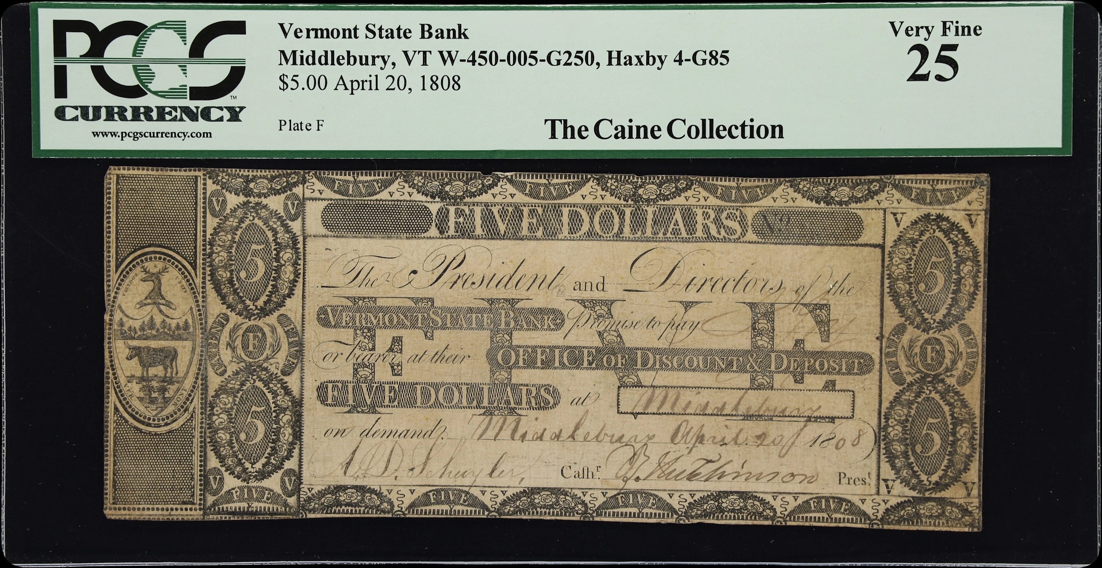 Middlebury, Vermont. Vermont State Bank. 1808 $5. PCGS Currency Very Fine 25.