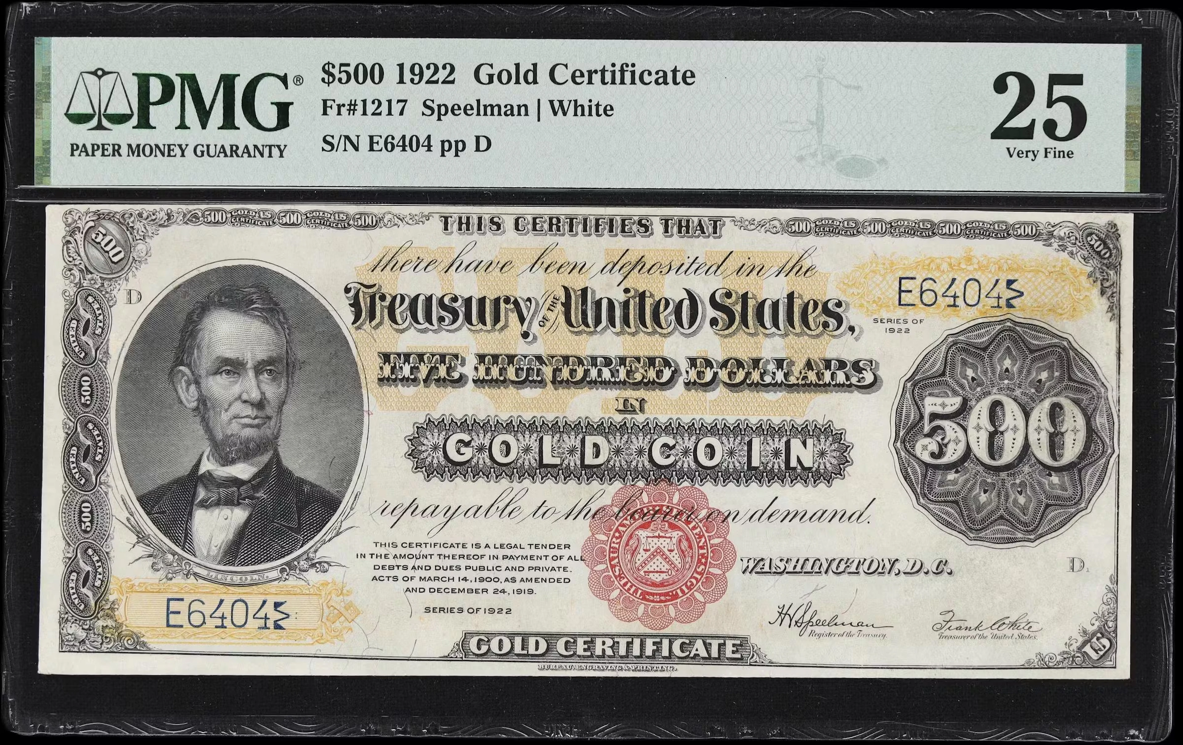 Fr. 1217. 1922 $500 Gold Certificate. PMG Very Fine 25.