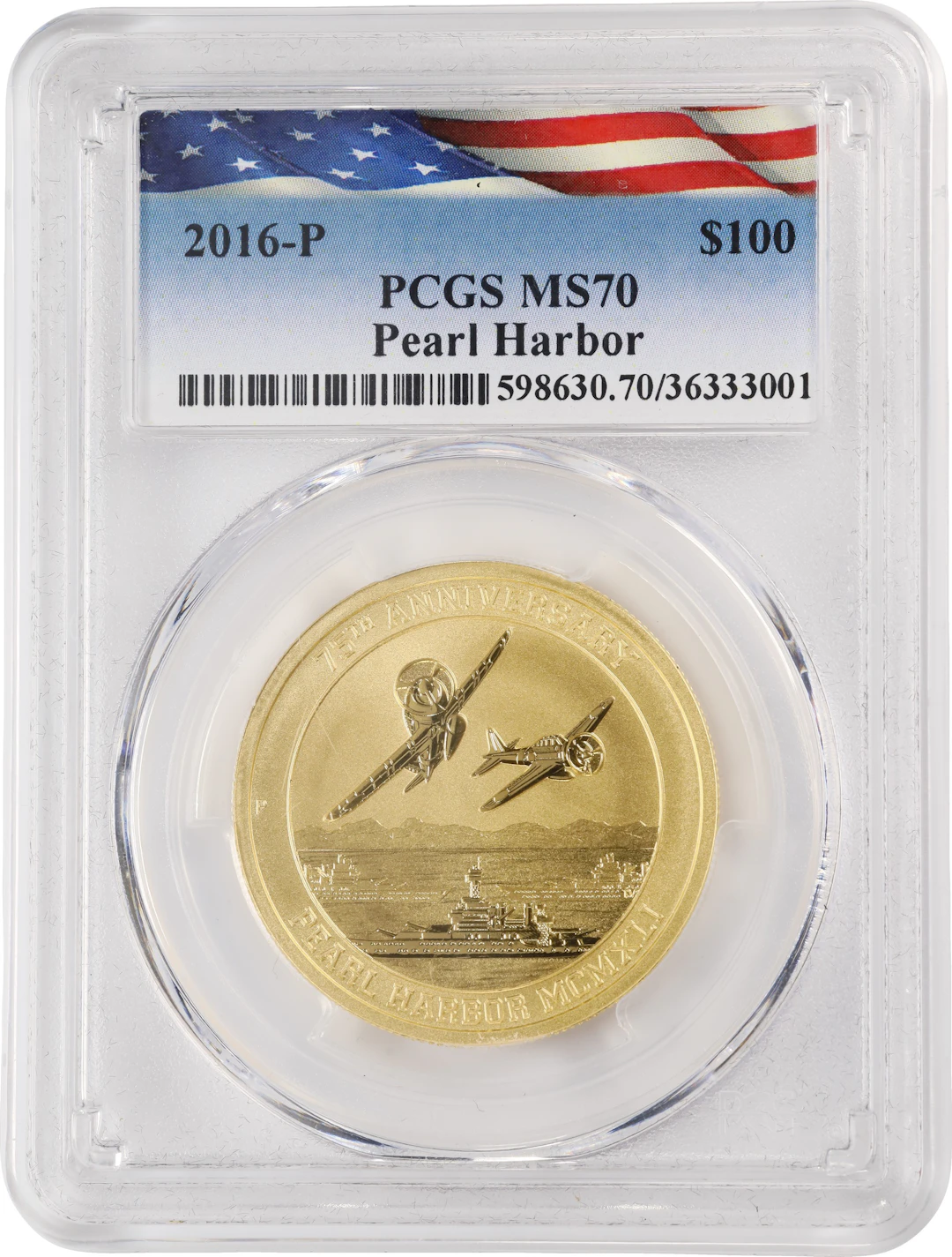 (1 oz, 31.104 g AGW). Tuvalu. 2016-P Pearl Harbor Gold $100. MS-70 (PCGS).