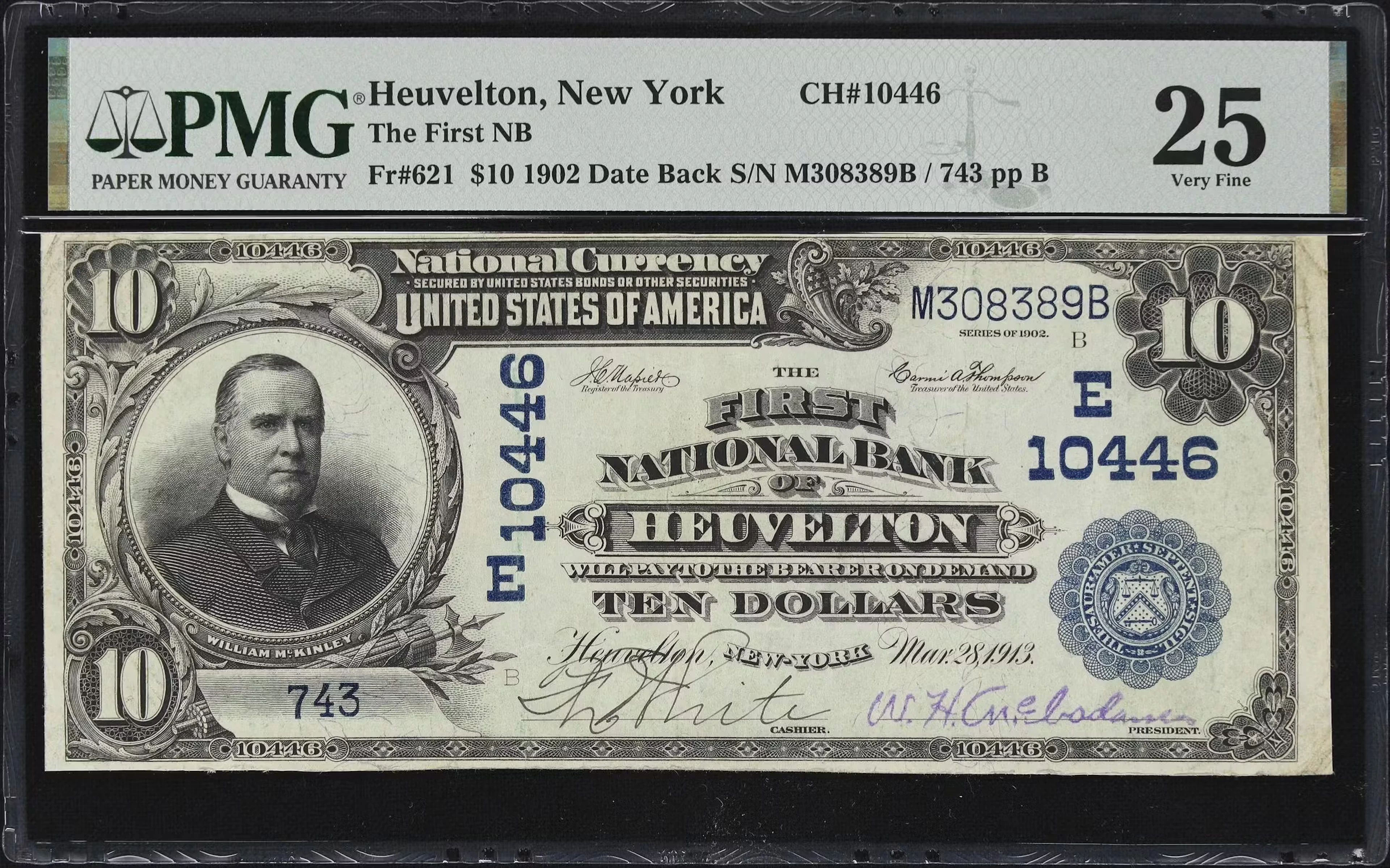 Heuvelton, New York. 1902 Date Back $10 Fr. 621. First NB. Charter