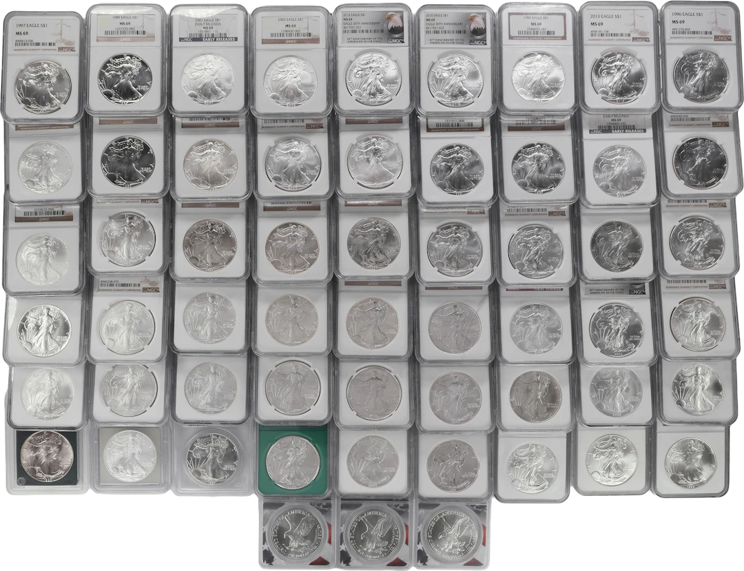 (57 oz, 1772.928 g ASW). Lot of (57) Mixed Date American Silver Eagles.