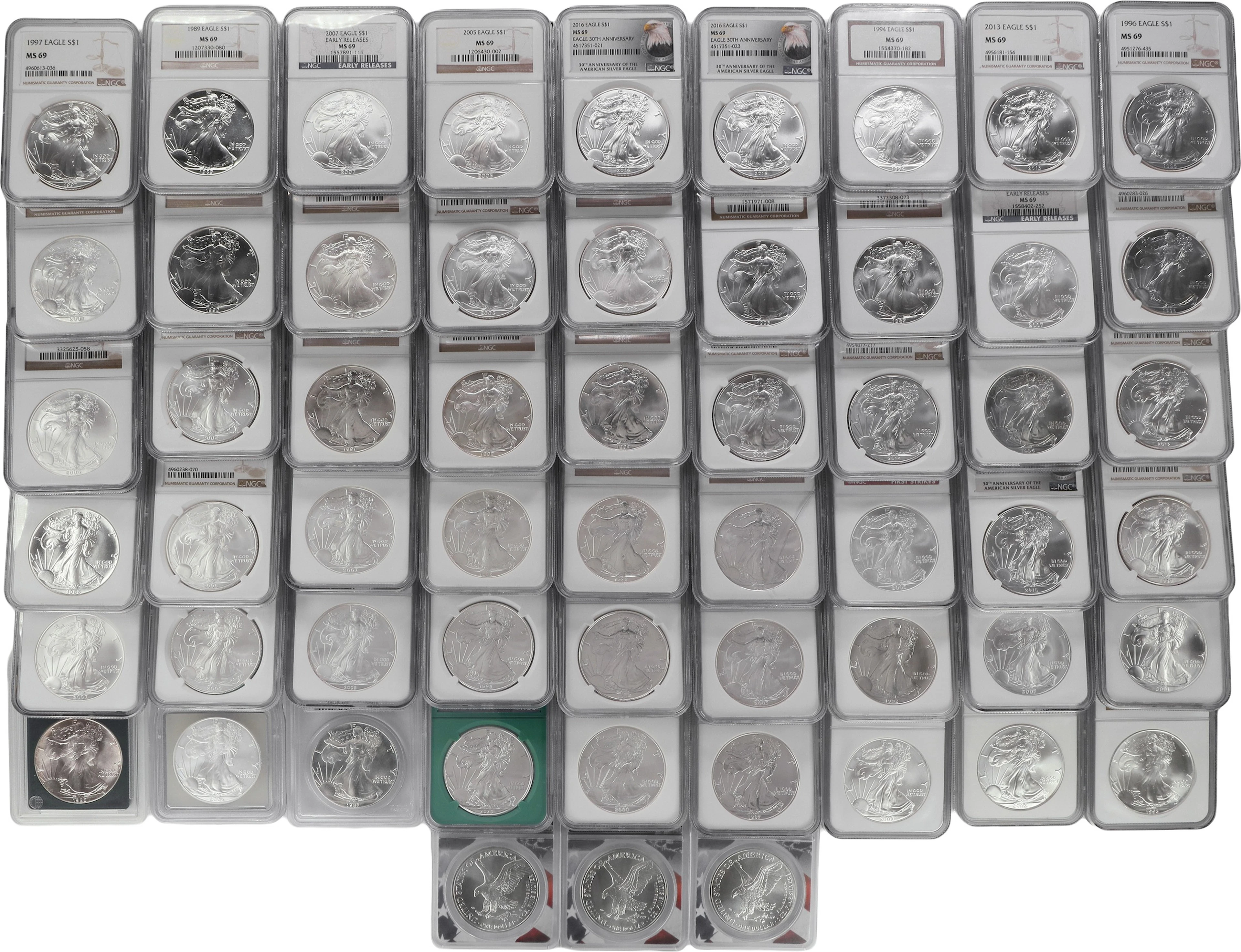 (57 oz, 1772.928 g ASW). Lot of (57) Mixed Date American Silver Eagles.