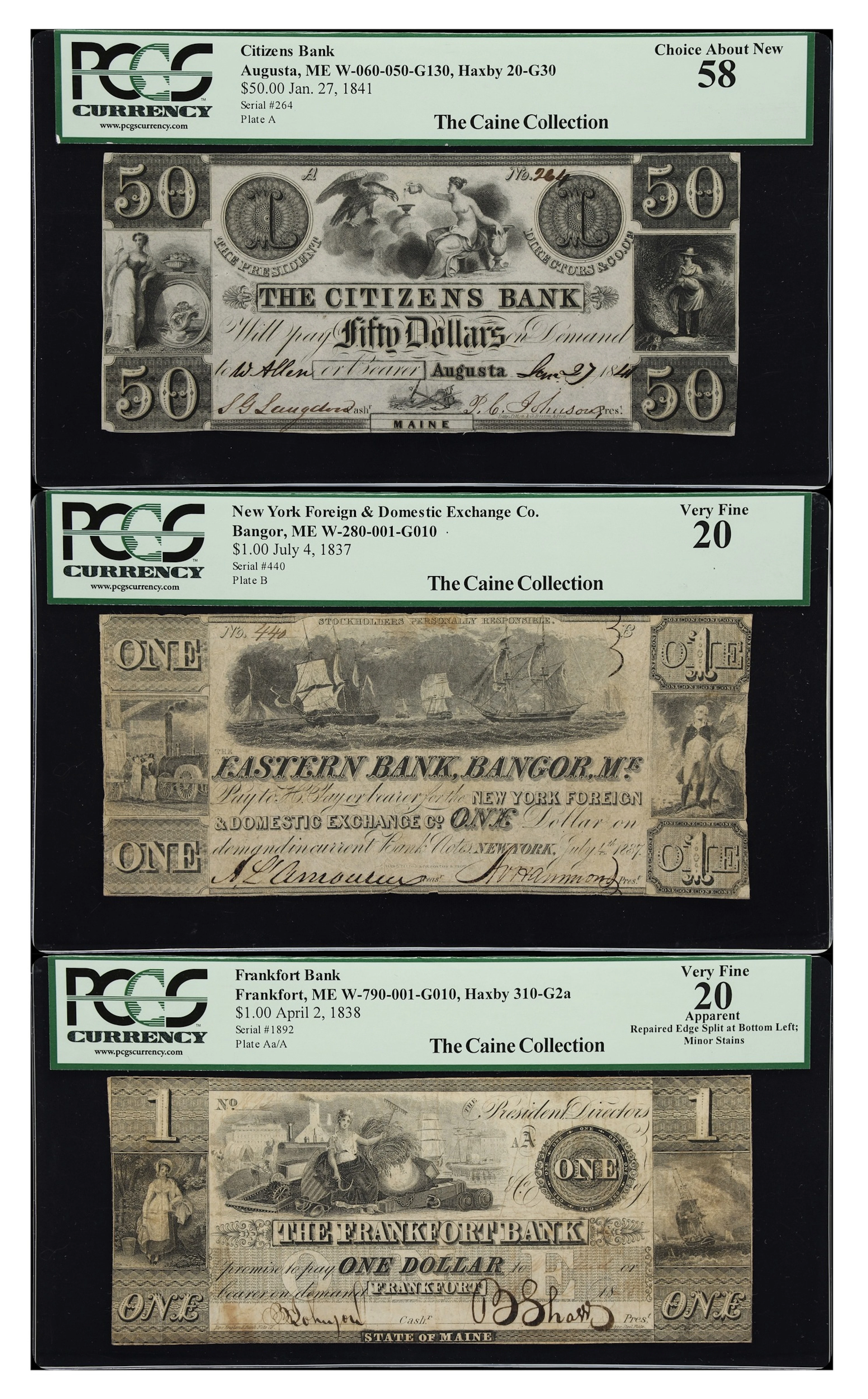 Lot of (3) Augusta, Bangor & Frankfort, Maine. Mixed Issuers. 1837-41