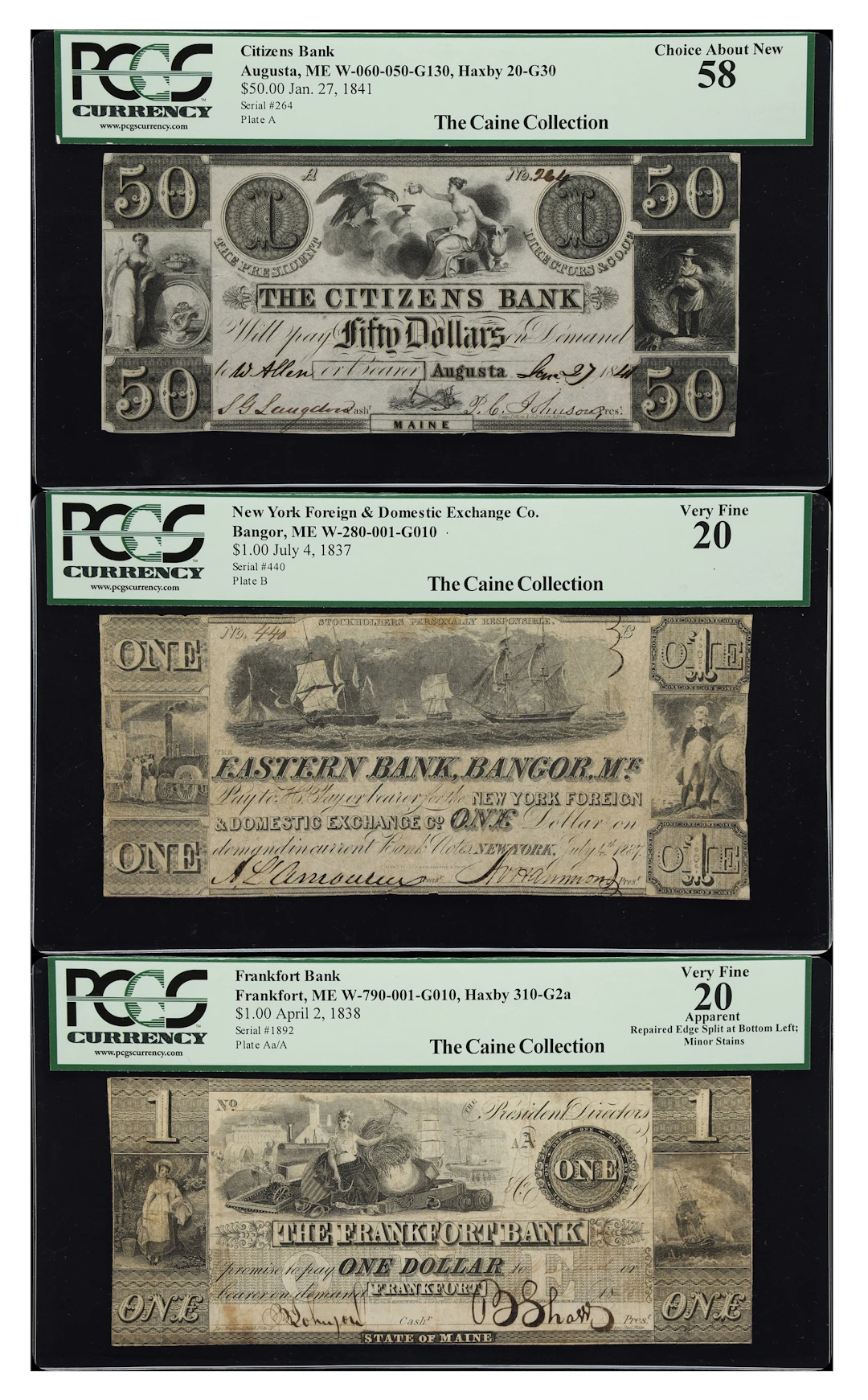 Lot of (3) Augusta, Bangor & Frankfort, Maine. Mixed Issuers. 1837-41
