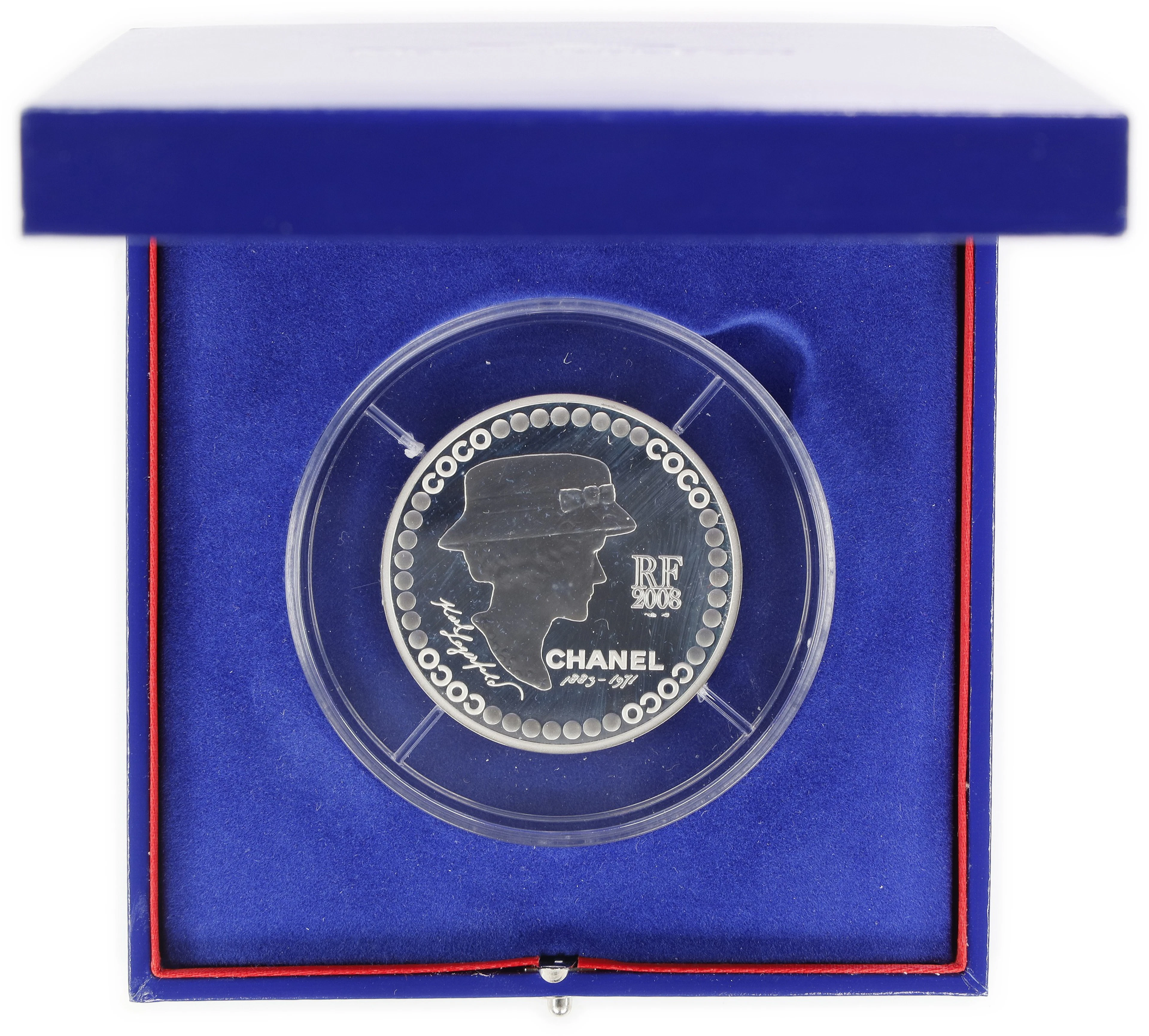 (5 oz, 155.52 g ASW). France. 2008 Coco Chanel 5 oz Silver 5 Euros.