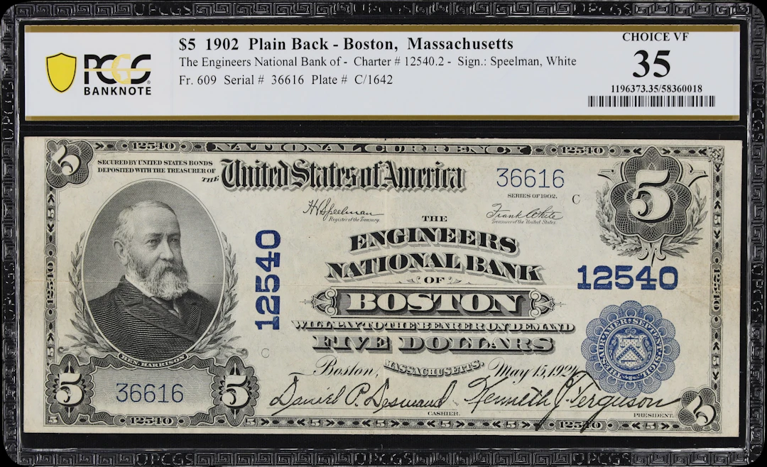 Boston, Massachusetts. $5 1902 Plain Back. Fr. 609. Engineers NB.