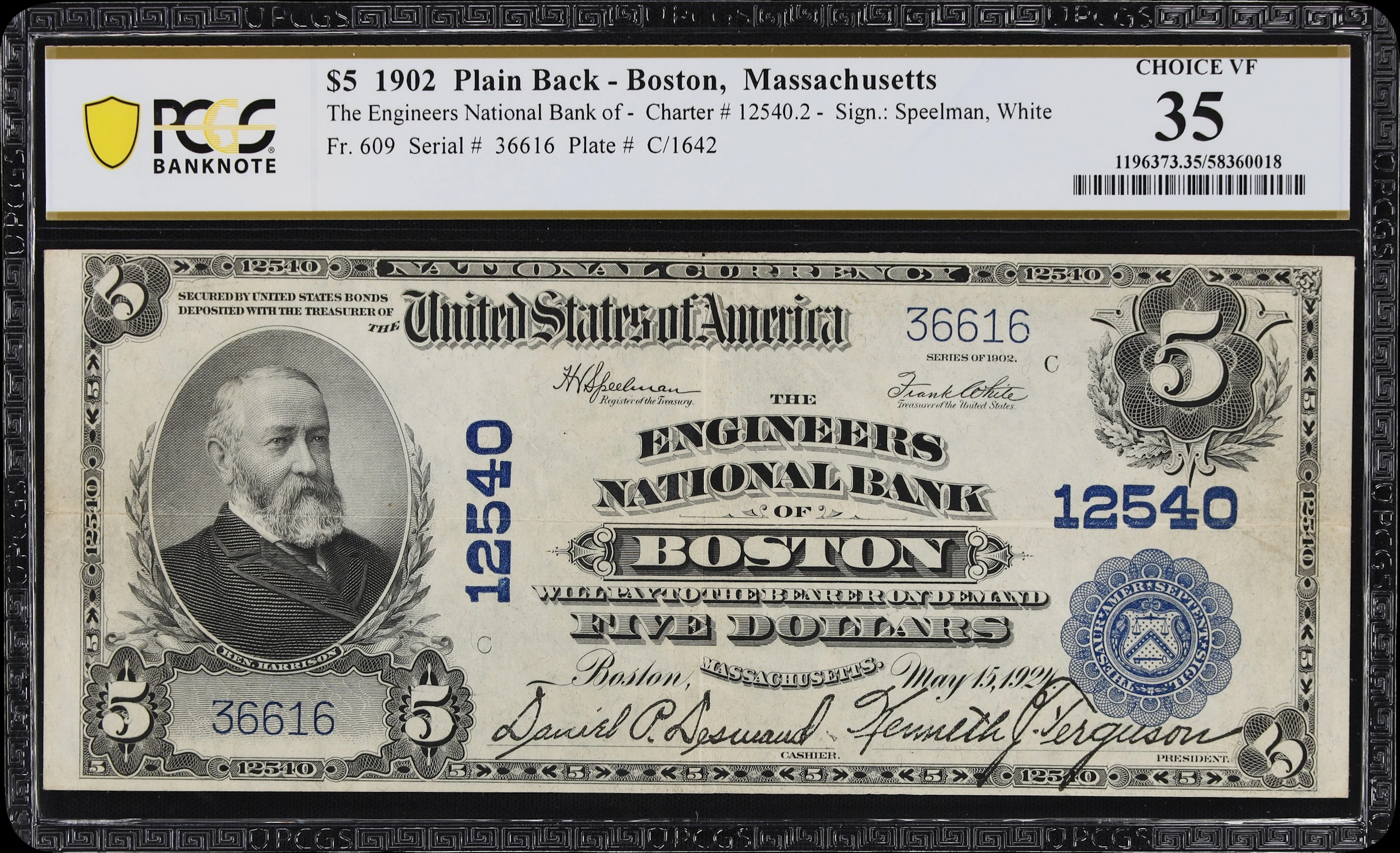 Boston, Massachusetts. $5 1902 Plain Back. Fr. 609. Engineers NB.
