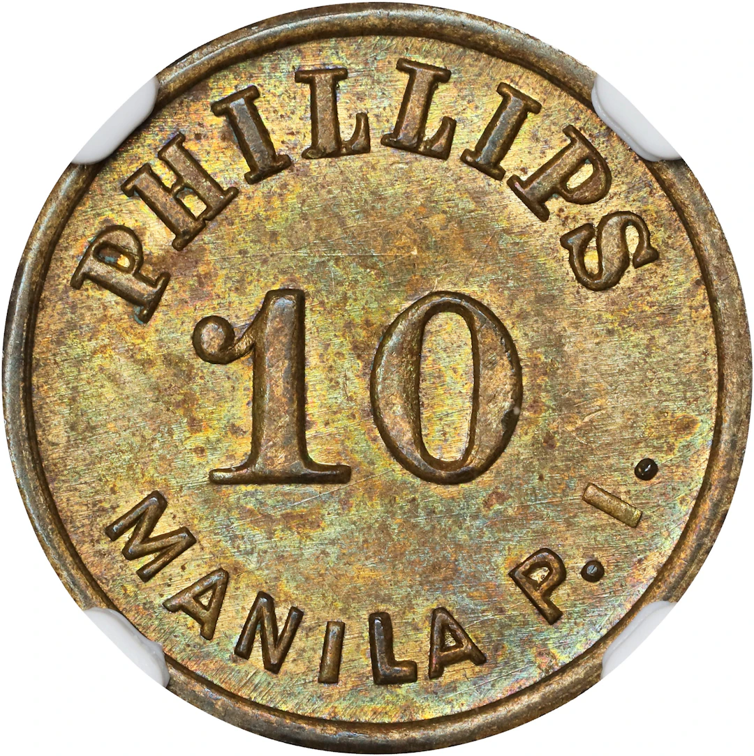PHILIPPINES. Philips 10 Centavos Brass Token, ND (ca. 1940s). NGC MS-63.