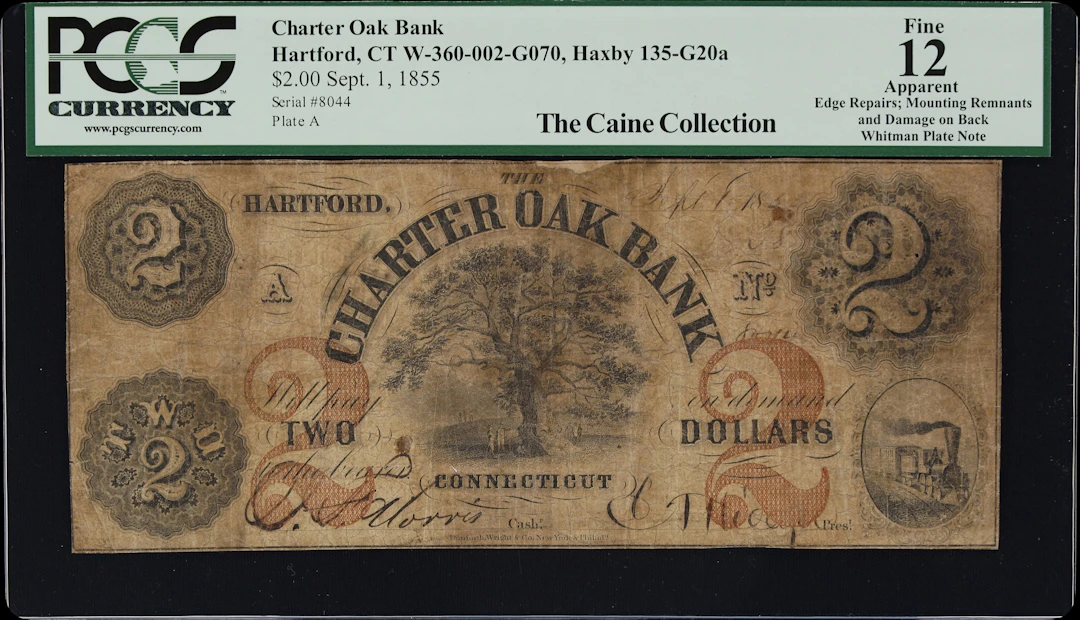 Hartford, Connecticut. Charter Oak Bank. 1855 $2. PCGS Currency Fine