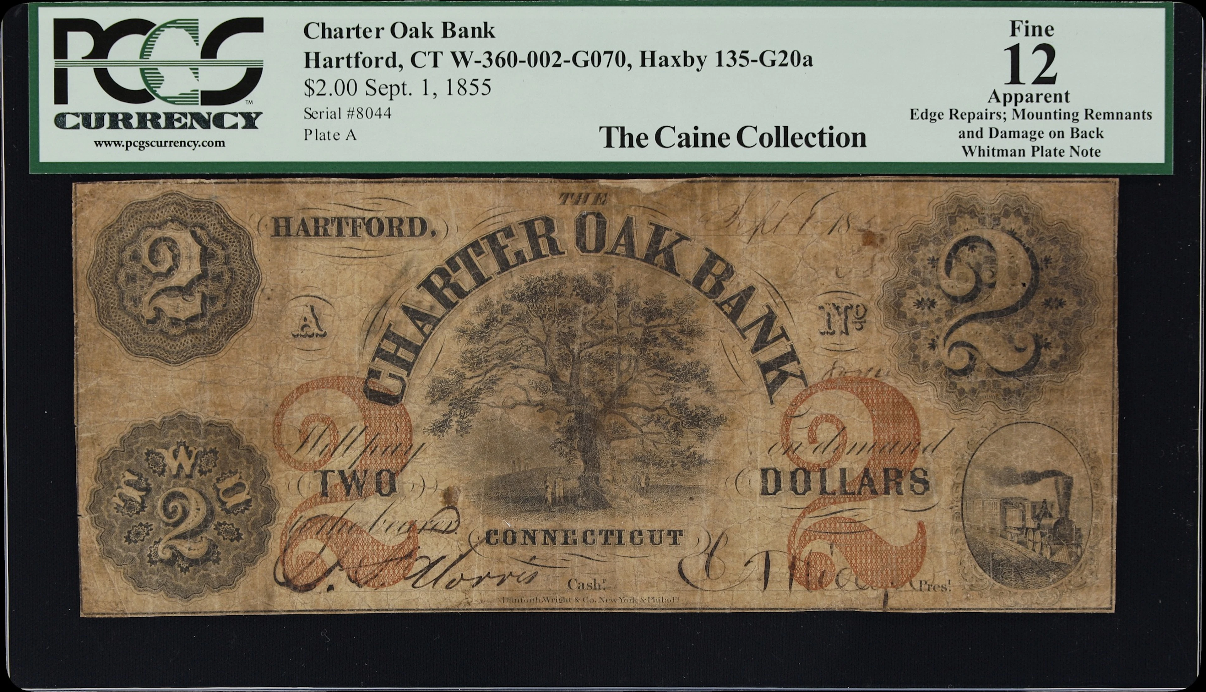 Hartford, Connecticut. Charter Oak Bank. 1855 $2. PCGS Currency Fine