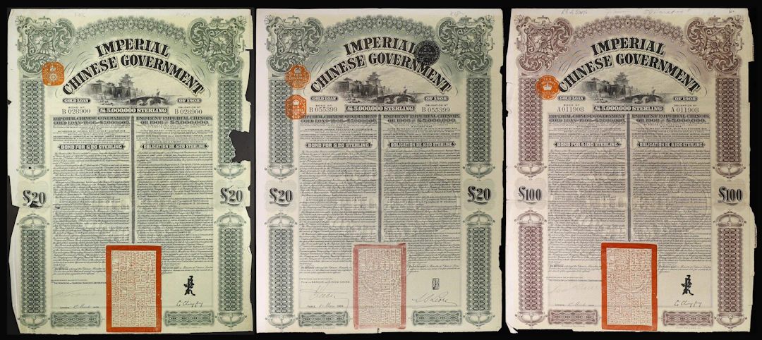 CHINA--EMPIRE. Lot of (3). 1909 4 1/2% Imperial Chinese Government