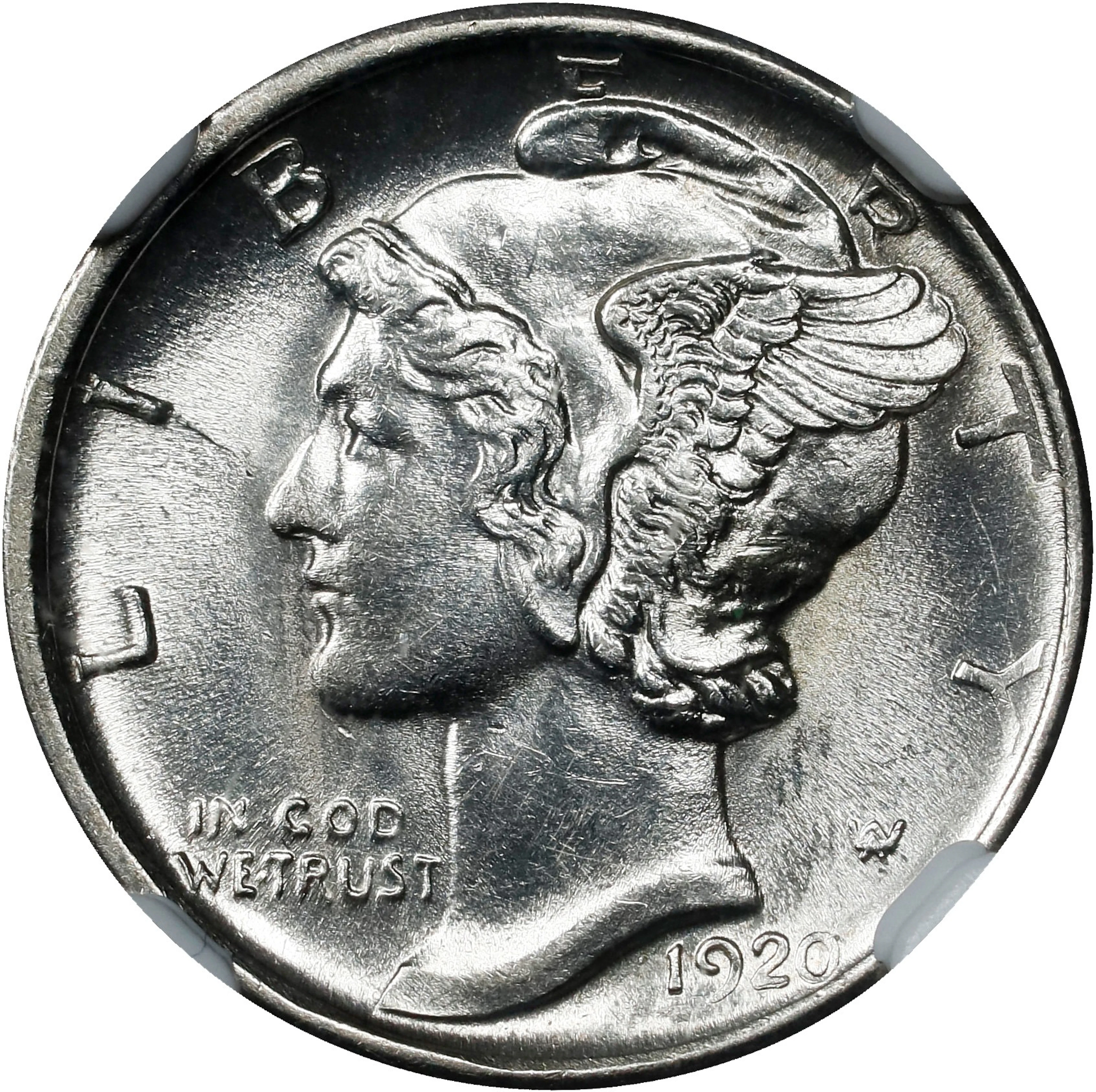 1920-D Mercury Dime. MS-62 FB (NGC).