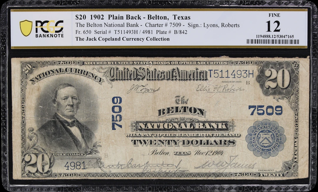 Belton, Texas. $20 1902 Plain Back. Fr. 650. Belton NB. Charter #7509.