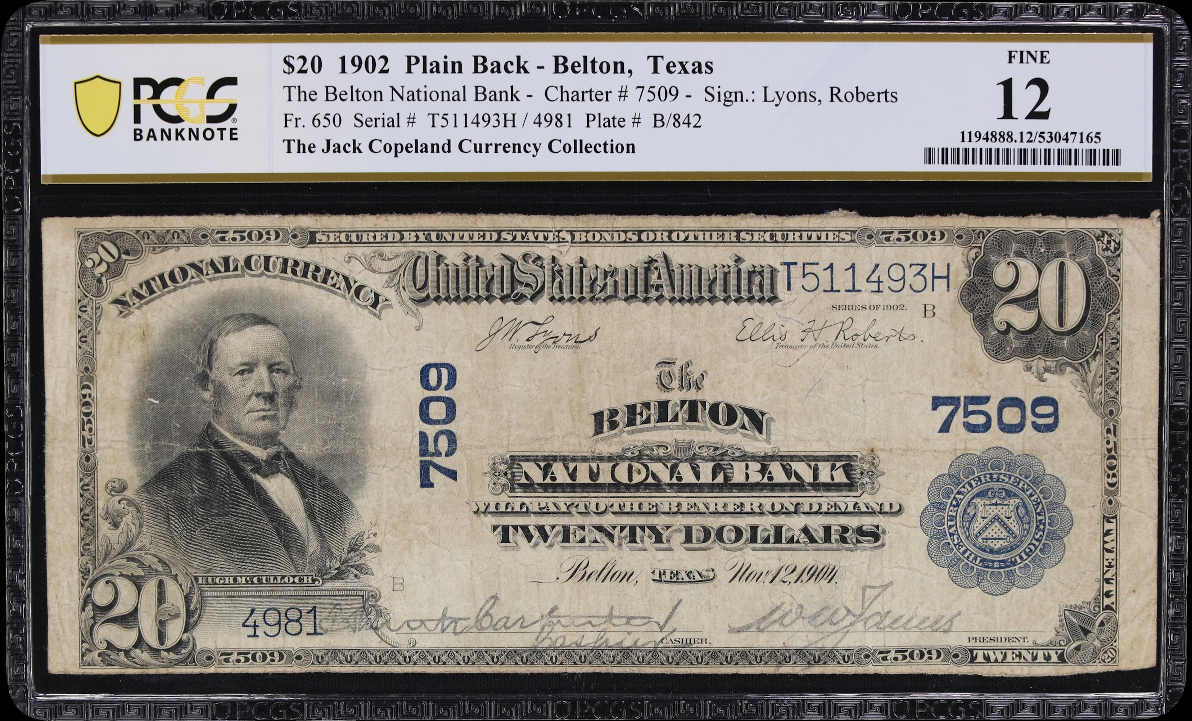 Belton, Texas. $20 1902 Plain Back. Fr. 650. Belton NB. Charter #7509.