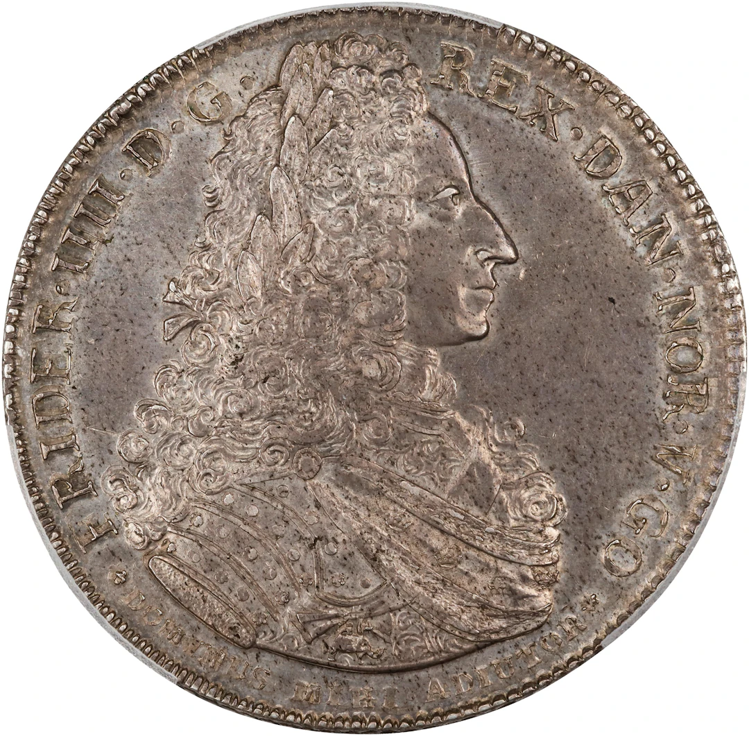 DENMARK. 3 Krone, 1726. Copenhagen Mint. Frederik IV. PCGS MS-61.