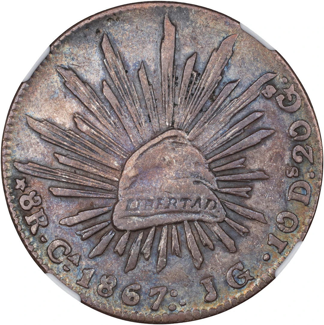 MEXICO. 8 Reales, 1867-Ca JG. Chihuahua Mint. NGC AU-53.
