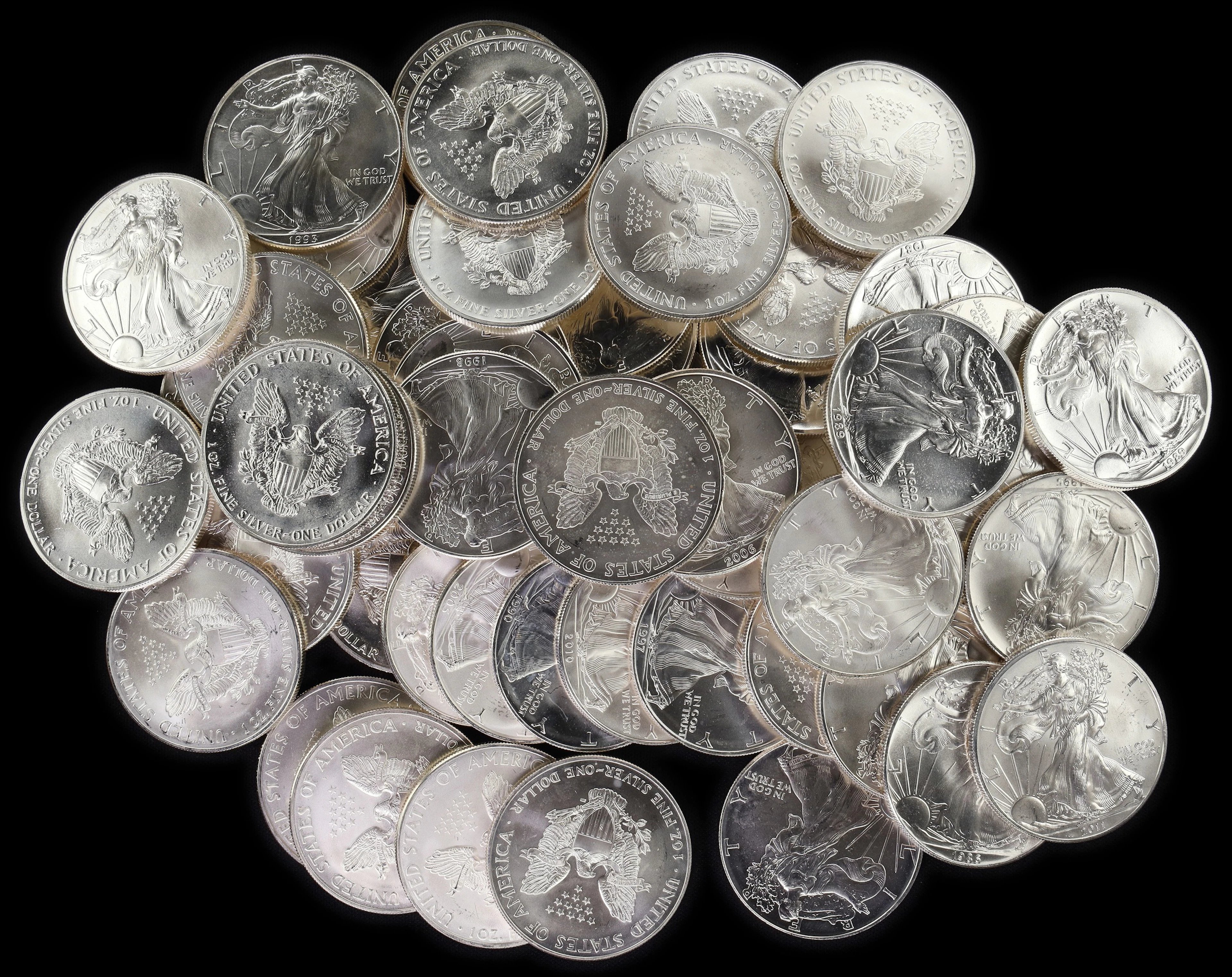 (53 oz, 1648.512 g ASW). Lot of (53) Mixed Date American Silver Eagles.