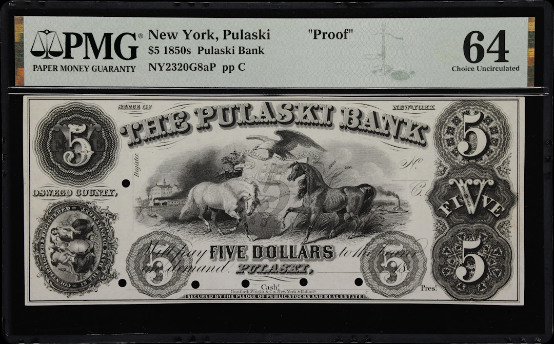 Pulaski, New York. Pulaski Bank. 18xx $5. PMG Choice Uncirculated 64. Proof.