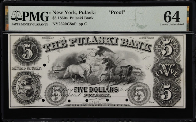 Pulaski, New York. Pulaski Bank. 18xx $5. PMG Choice Uncirculated 64. Proof.